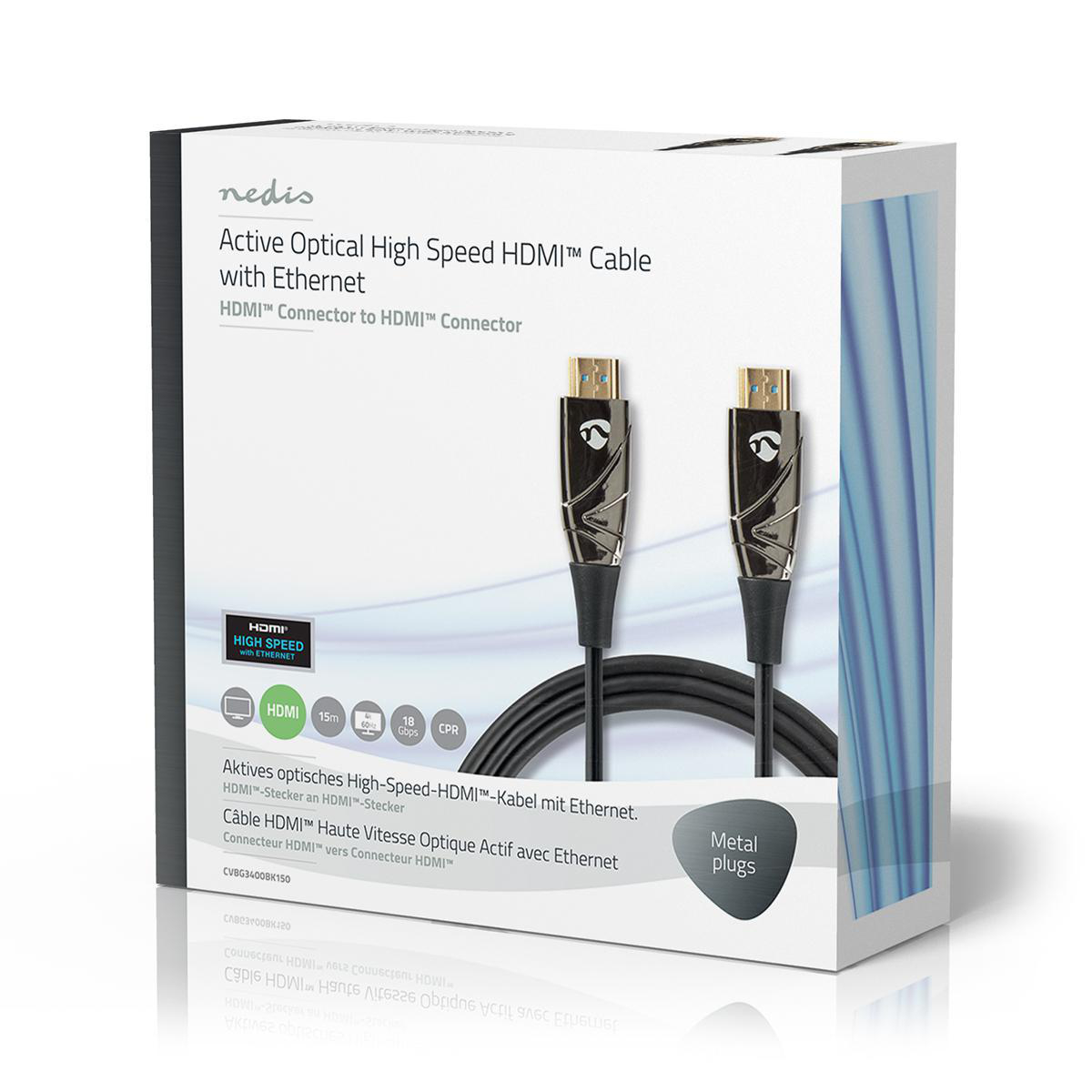 Eine Box mit einem schwarzen und silbernen Kabel mit dem Text: Active Optical High Speed HDMI Cable. Weißer Hintergrund.