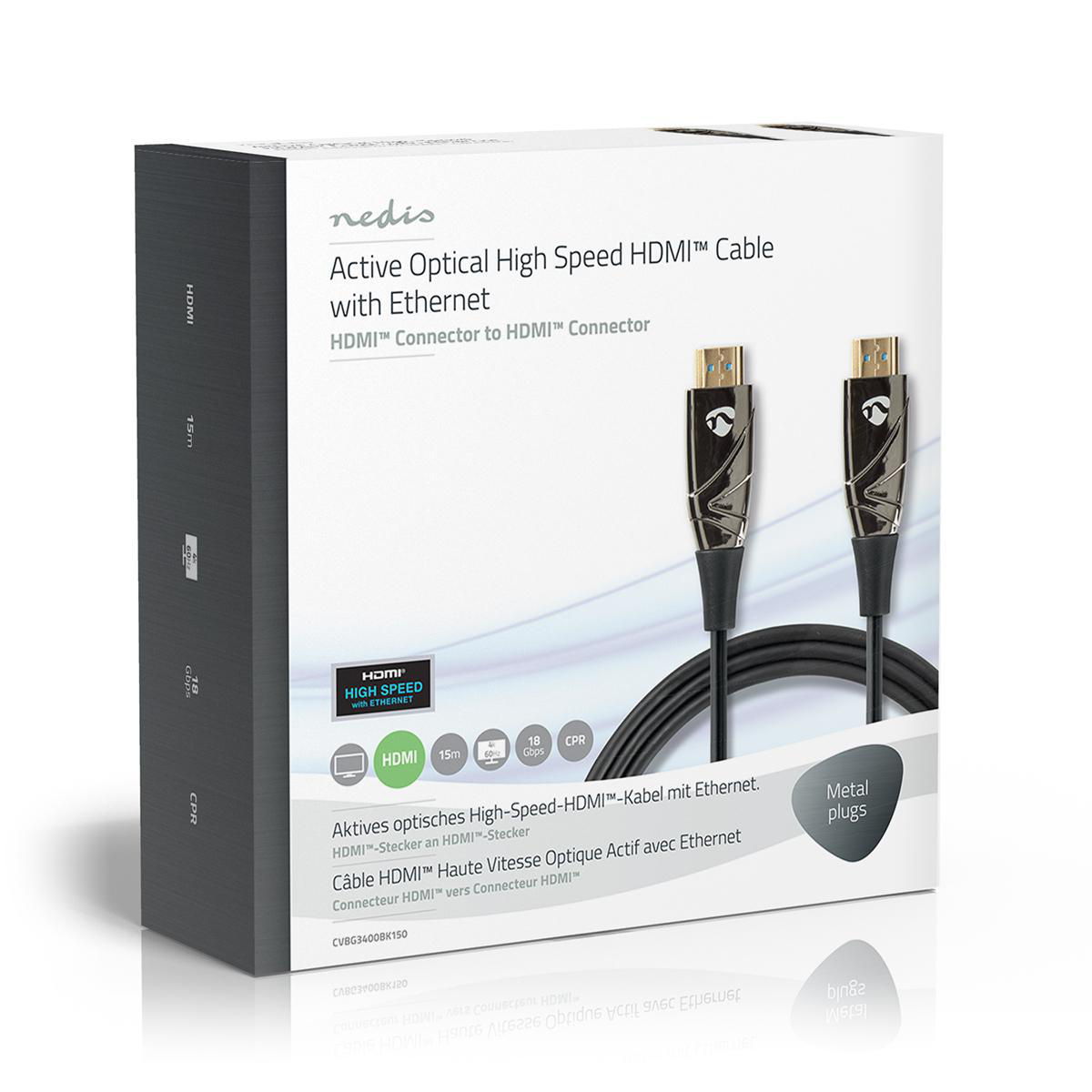 Verpacktes HDMI-Kabel mit Produktname und Anschlussdetails.