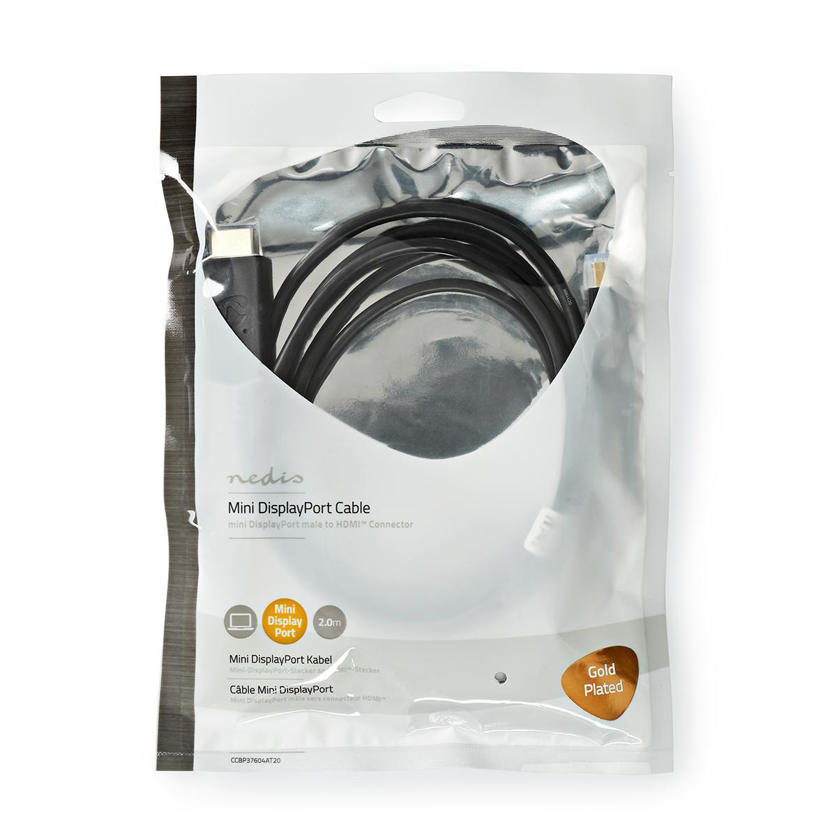 Mini-DisplayPort-Kabel in transparenter Kunststoffverpackung, weißer Hintergrund, vergoldet.