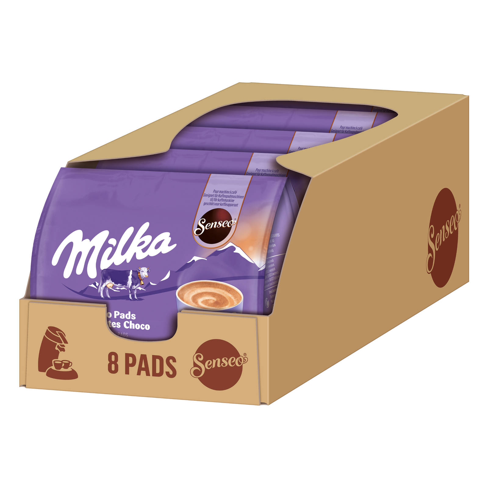 Milka Schokoladenpads in einem Karton. Lila Verpackung mit dem Milka-Logo.