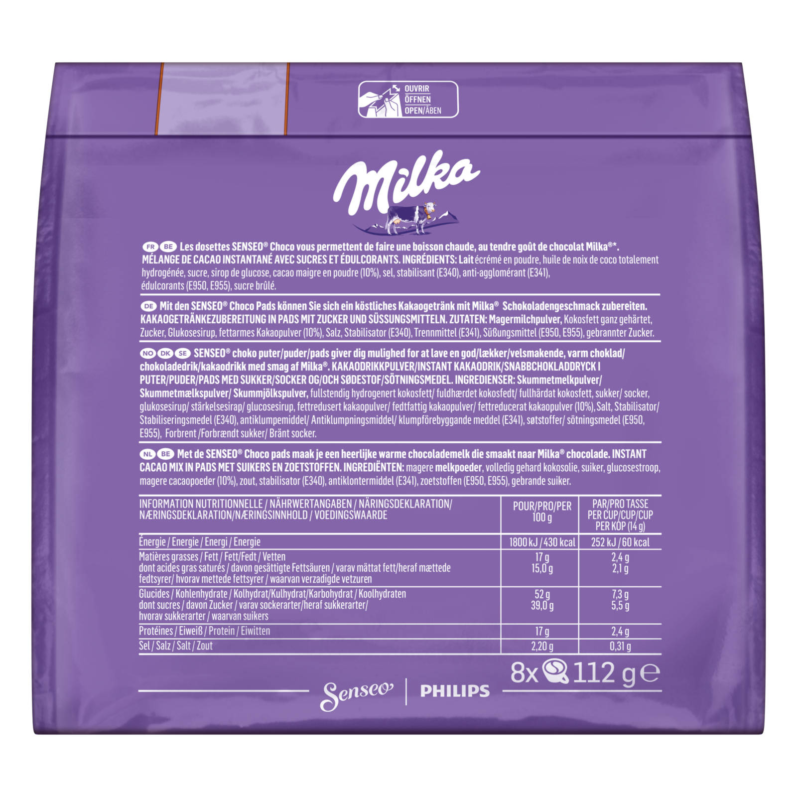 Eine Packung Milka-Schokolade. Text in mehreren Sprachen. Weißer Hintergrund.