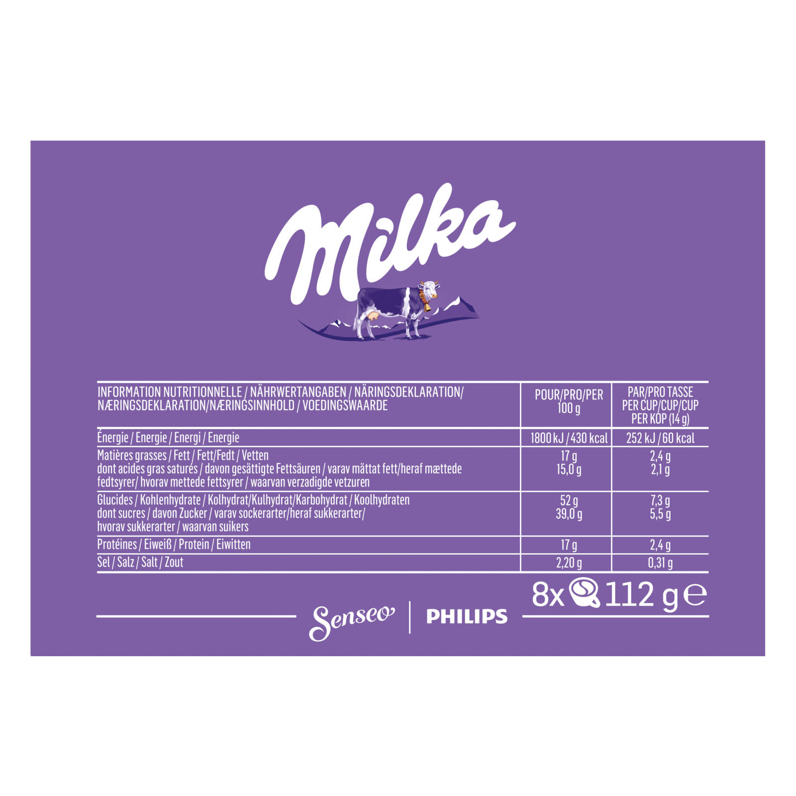 Lila Verpackung von Milka-Schokolade. Nährwertangaben und das Milka-Kuh-Logo sind sichtbar.