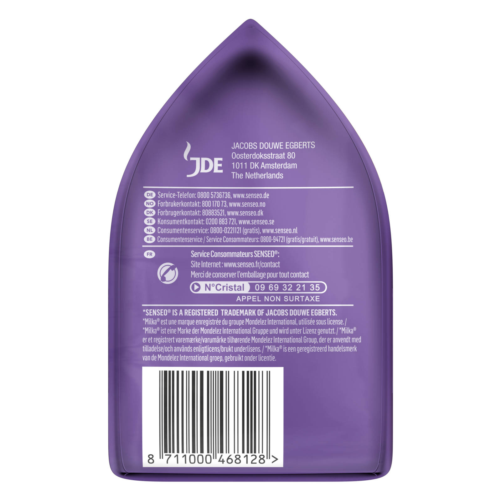 Lila Kaffeepackung mit Text, Barcode unten.
