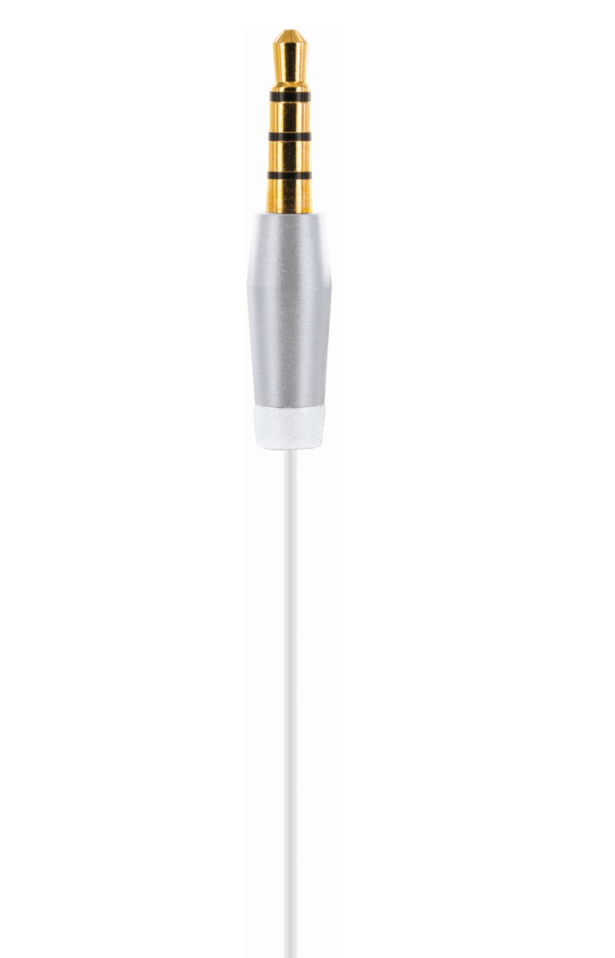 Weißes Kopfhörerkabel mit silbernem und goldenem Stecker.