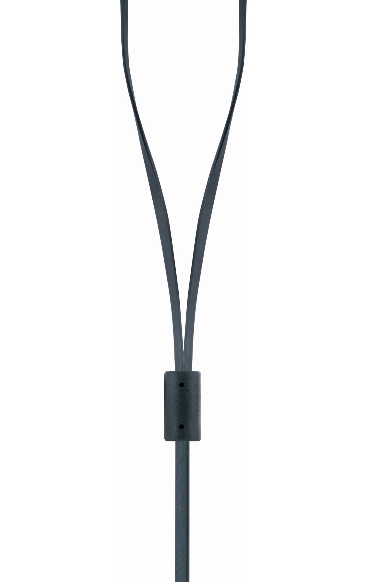 Cavo per auricolari grigio scuro con connettore centrale, su sfondo bianco.