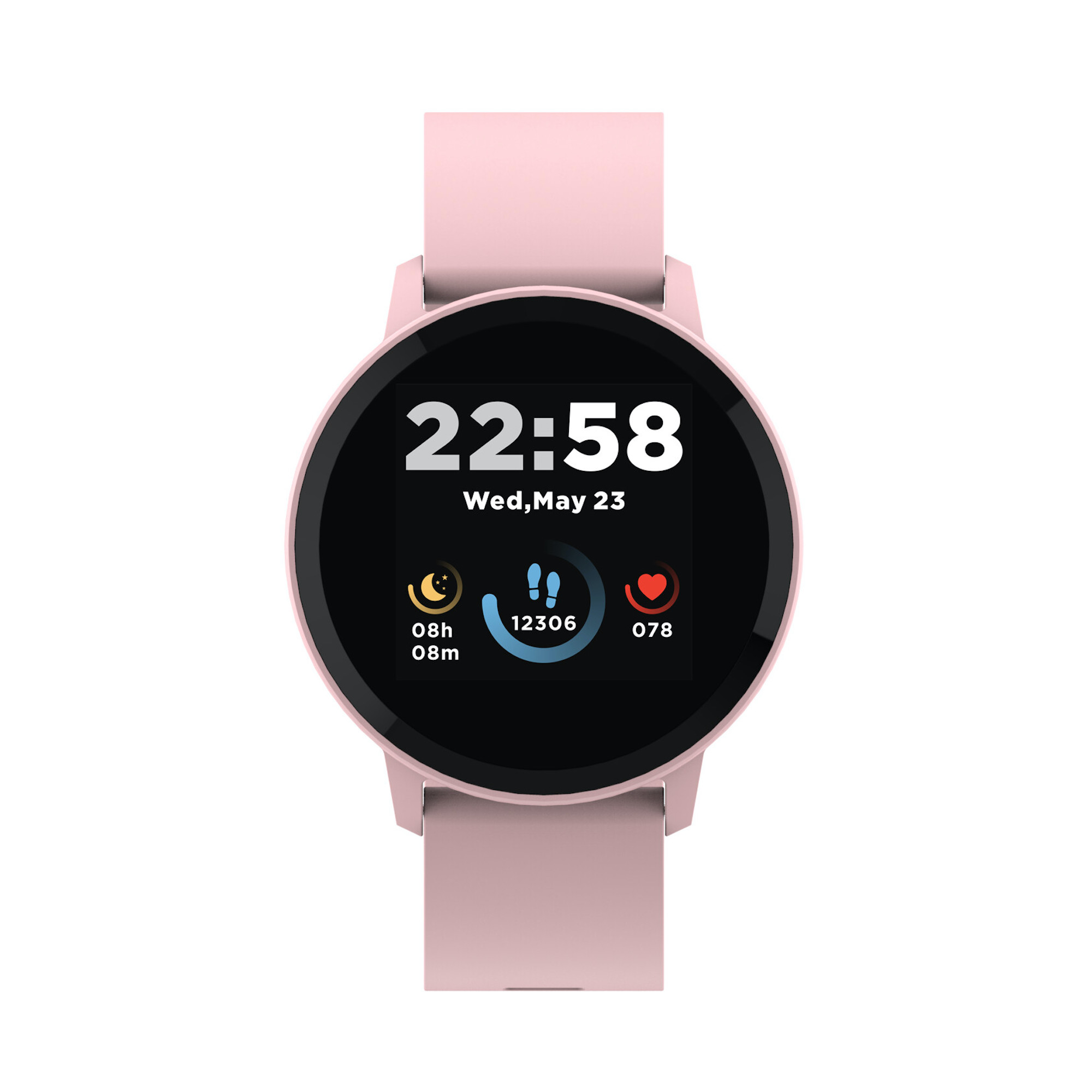 Różowy smartwatch wyświetlający godzinę i dane dotyczące zdrowia.