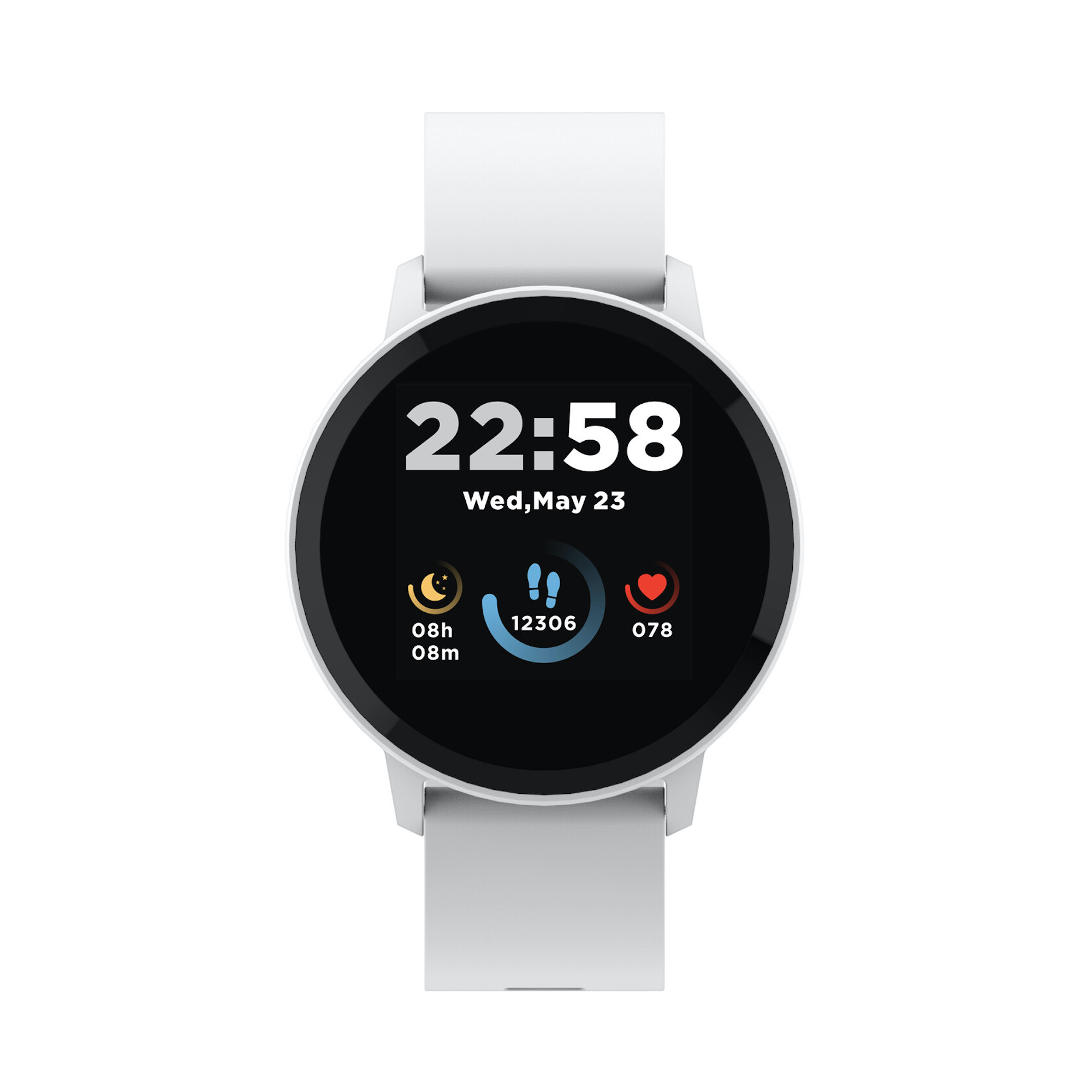 Uno smartwatch bianco con display rotondo che mostra ora, data, passi e frequenza cardiaca.