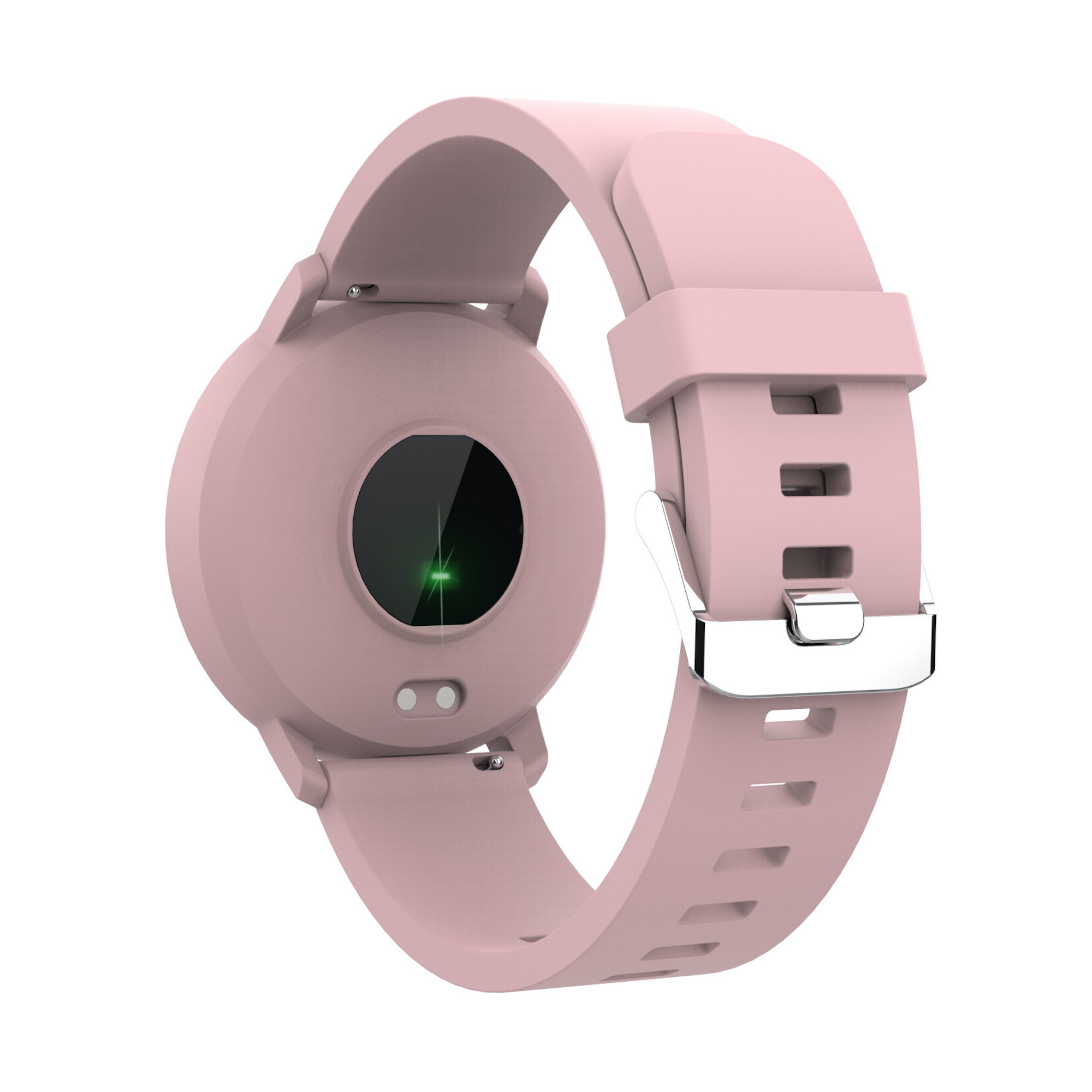Różowy smartwatch z paskiem. Tył pokazuje czujnik. Białe tło.