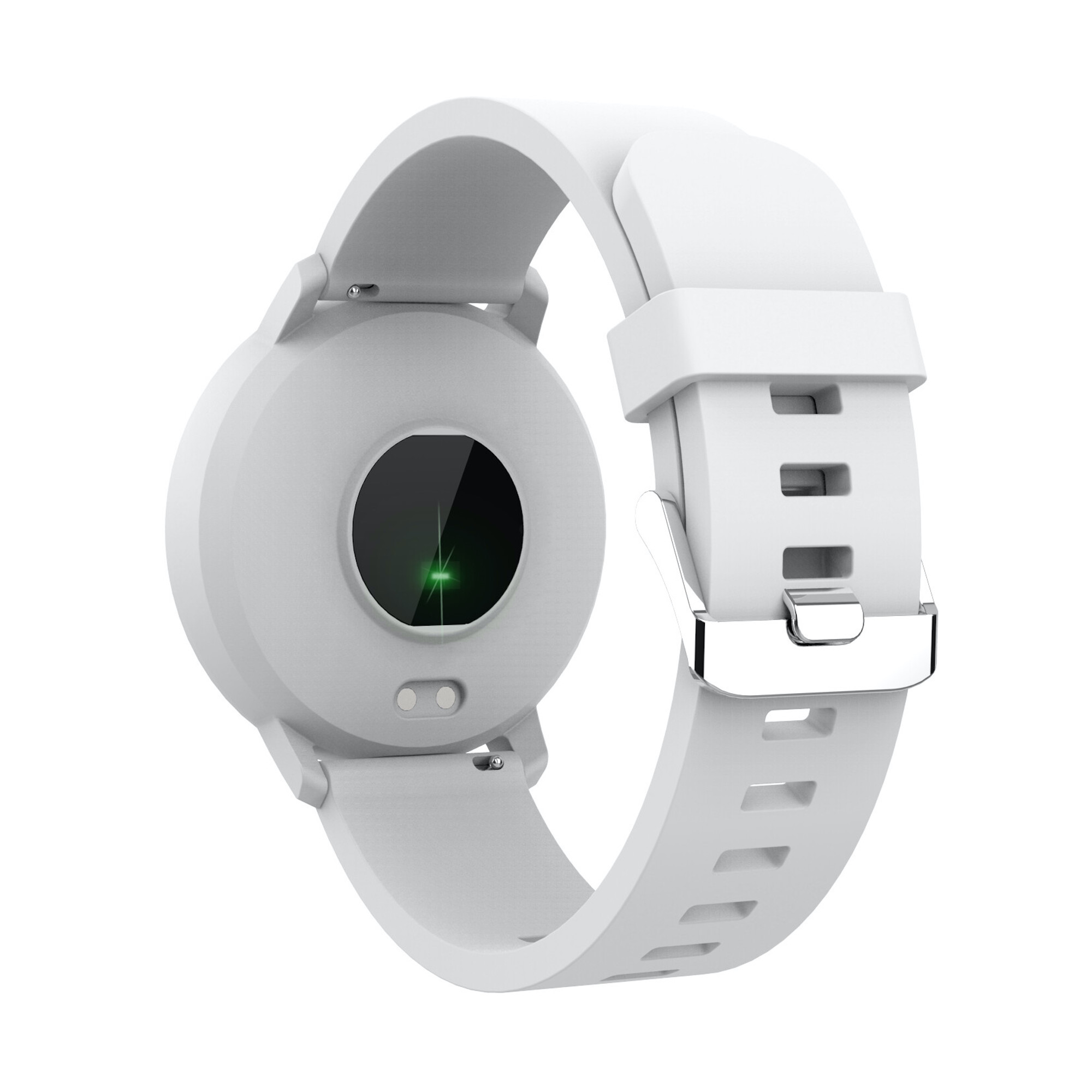 Uno smartwatch bianco con cinturino bianco su sfondo bianco.