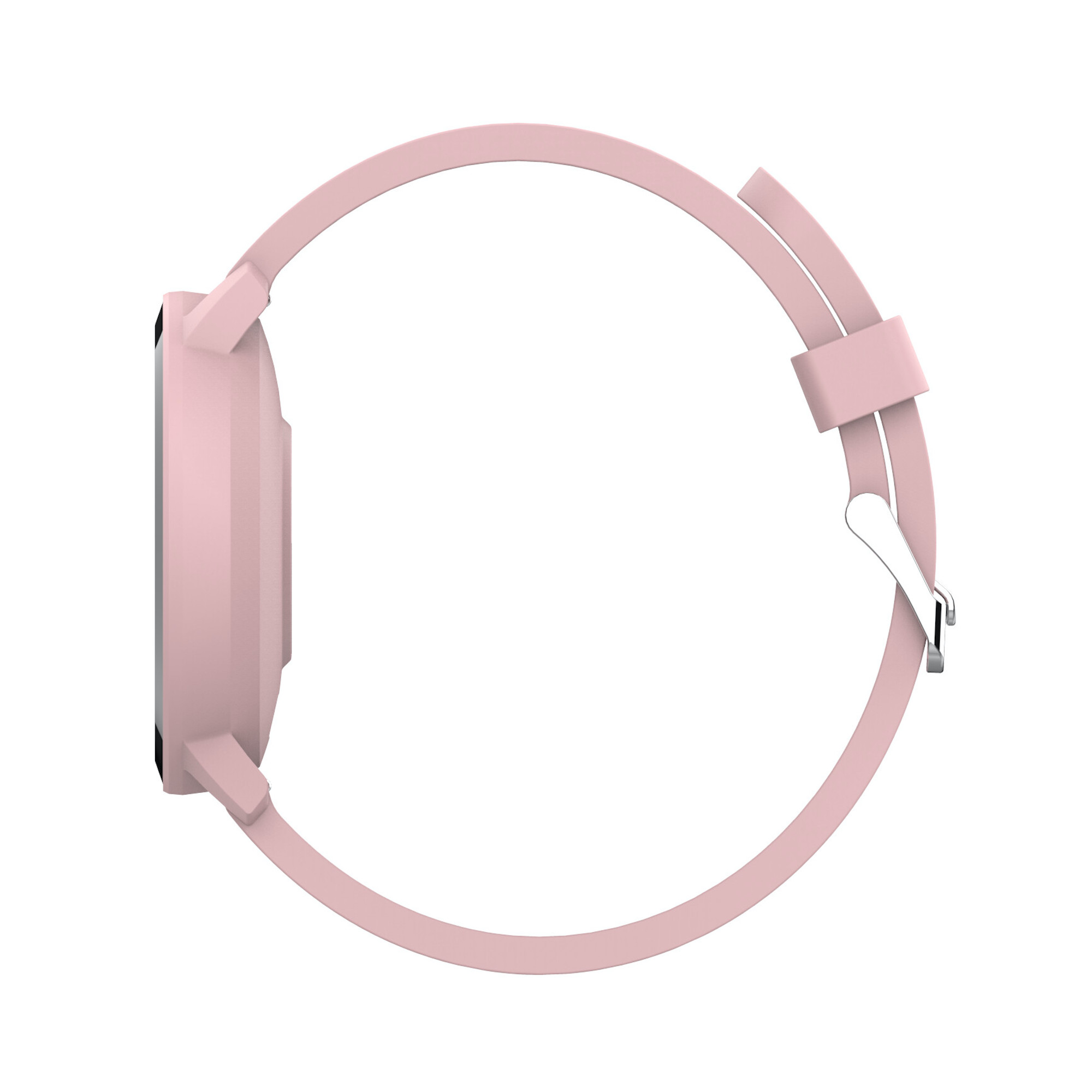 Różowy smartwatch z boku. Pasek jest różowy ze srebrnym zapięciem. Czarny ekran.