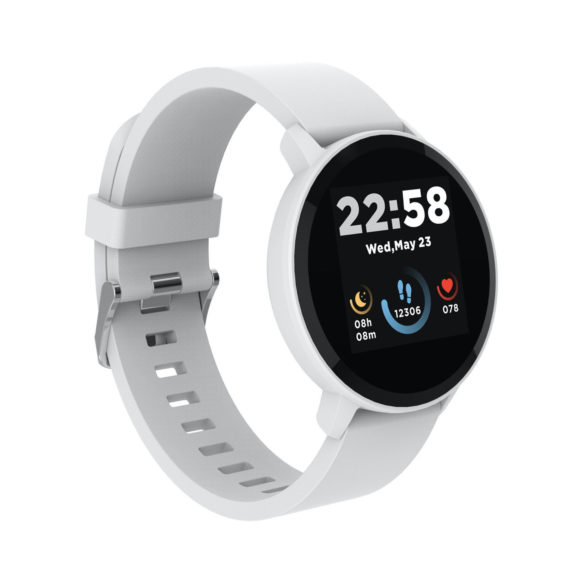 Uno smartwatch bianco con quadrante rotondo, che mostra l'ora e le metriche di fitness.