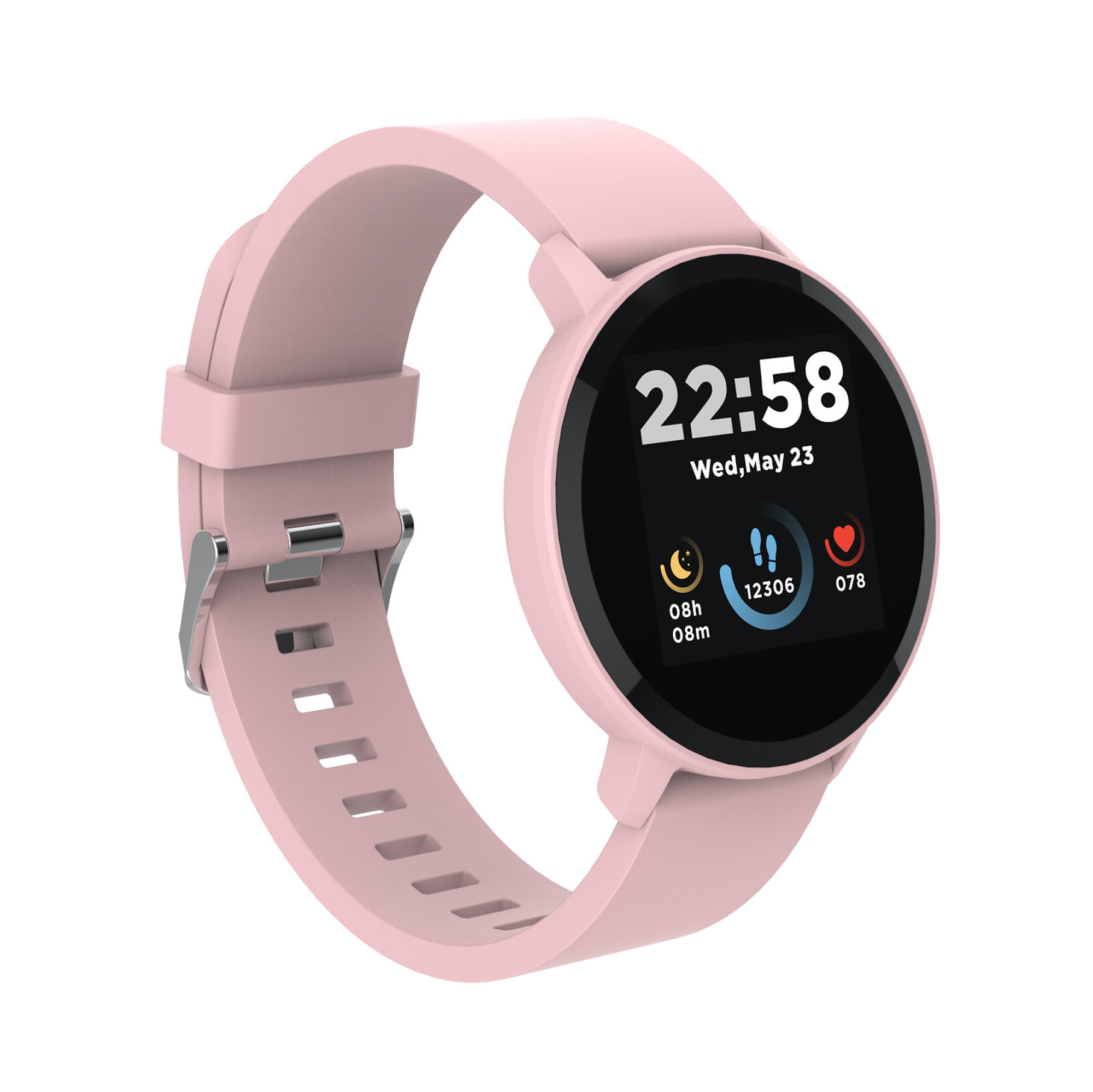 Różowy smartwatch z okrągłym czarnym wyświetlaczem. Wyświetla godzinę, datę i wskaźniki zdrowia. Różowy pasek.