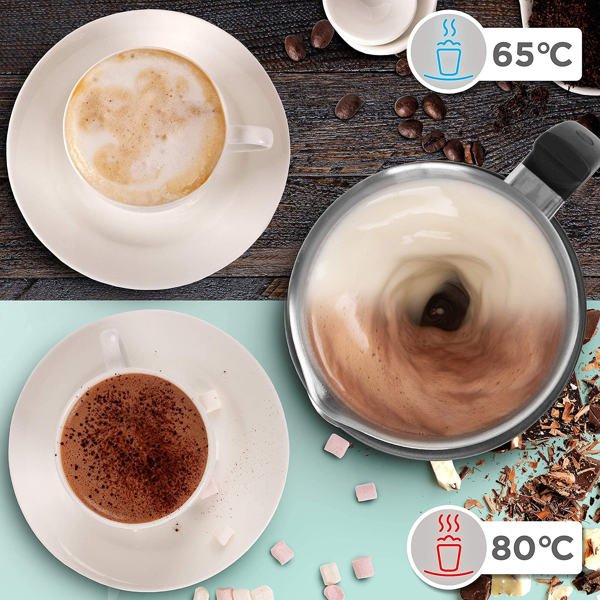 Dos tazas de café y un espumador en una olla. Una a 65C, otra a 80C. Chocolate y malvaviscos.