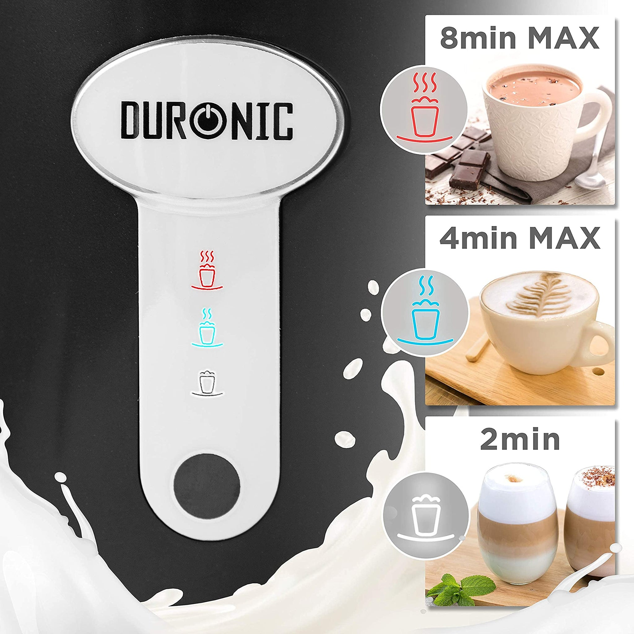 Una cafetera negra con un panel blanco que muestra opciones de preparación e imágenes de café.