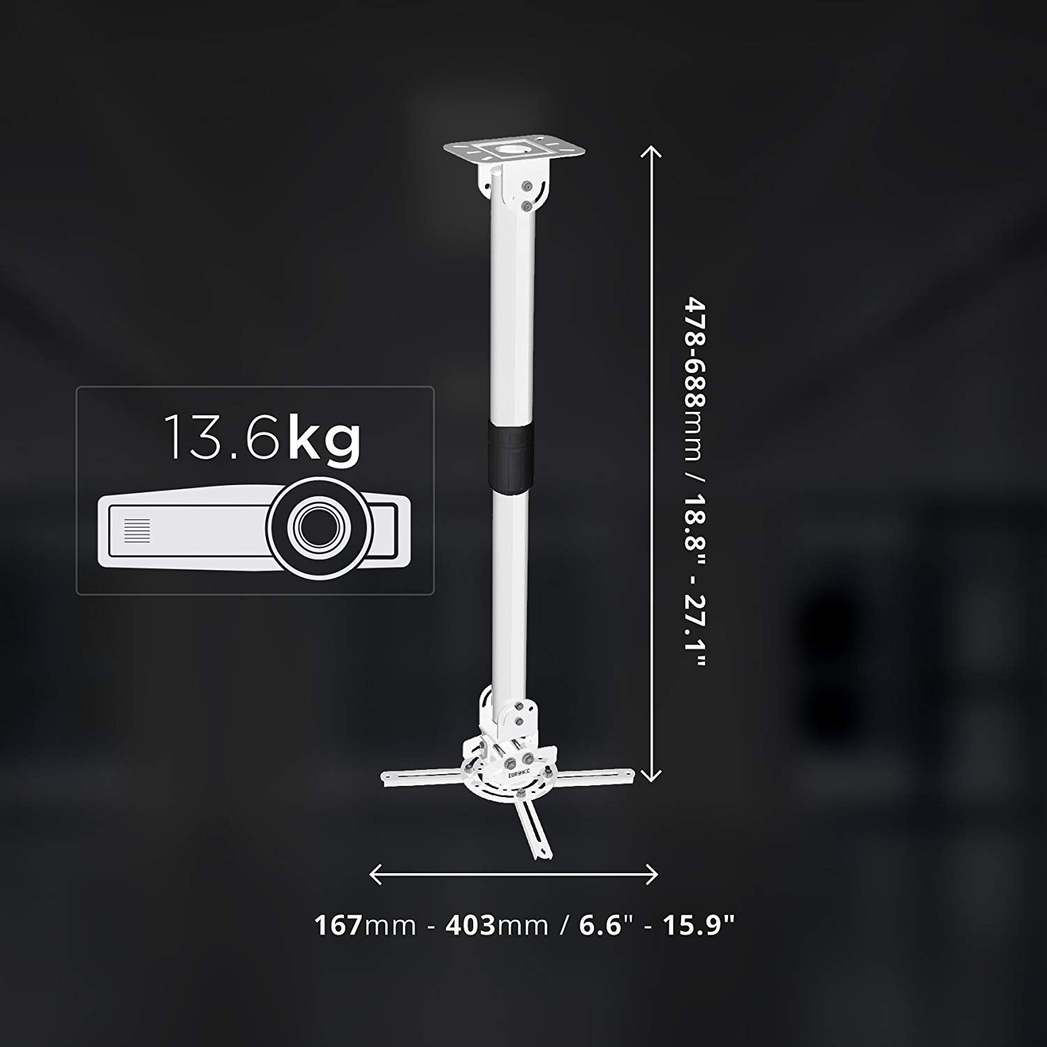 Soporte de proyector con dimensiones y peso etiquetados sobre fondo gris oscuro.
