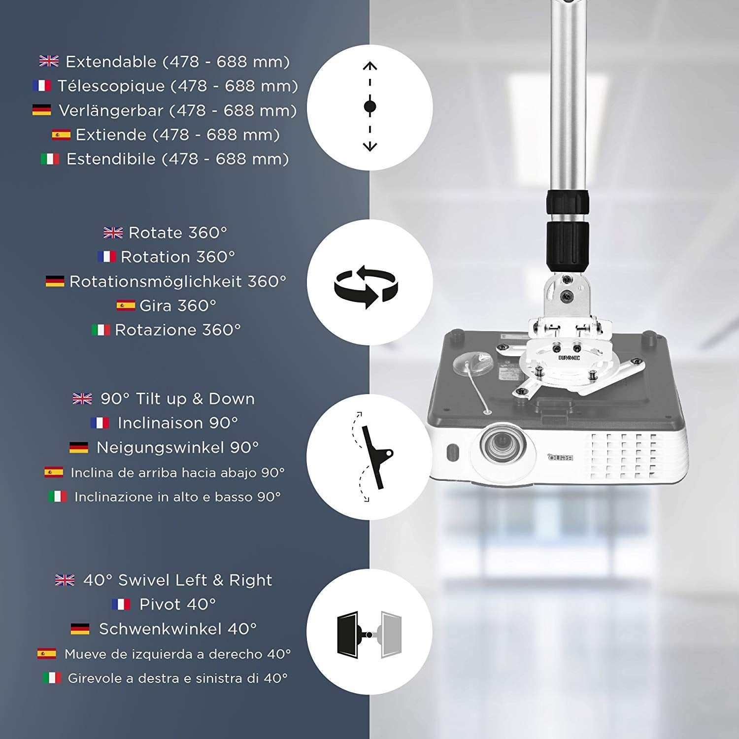Diagrama que muestra opciones de montaje de proyector y medidas en varios idiomas.