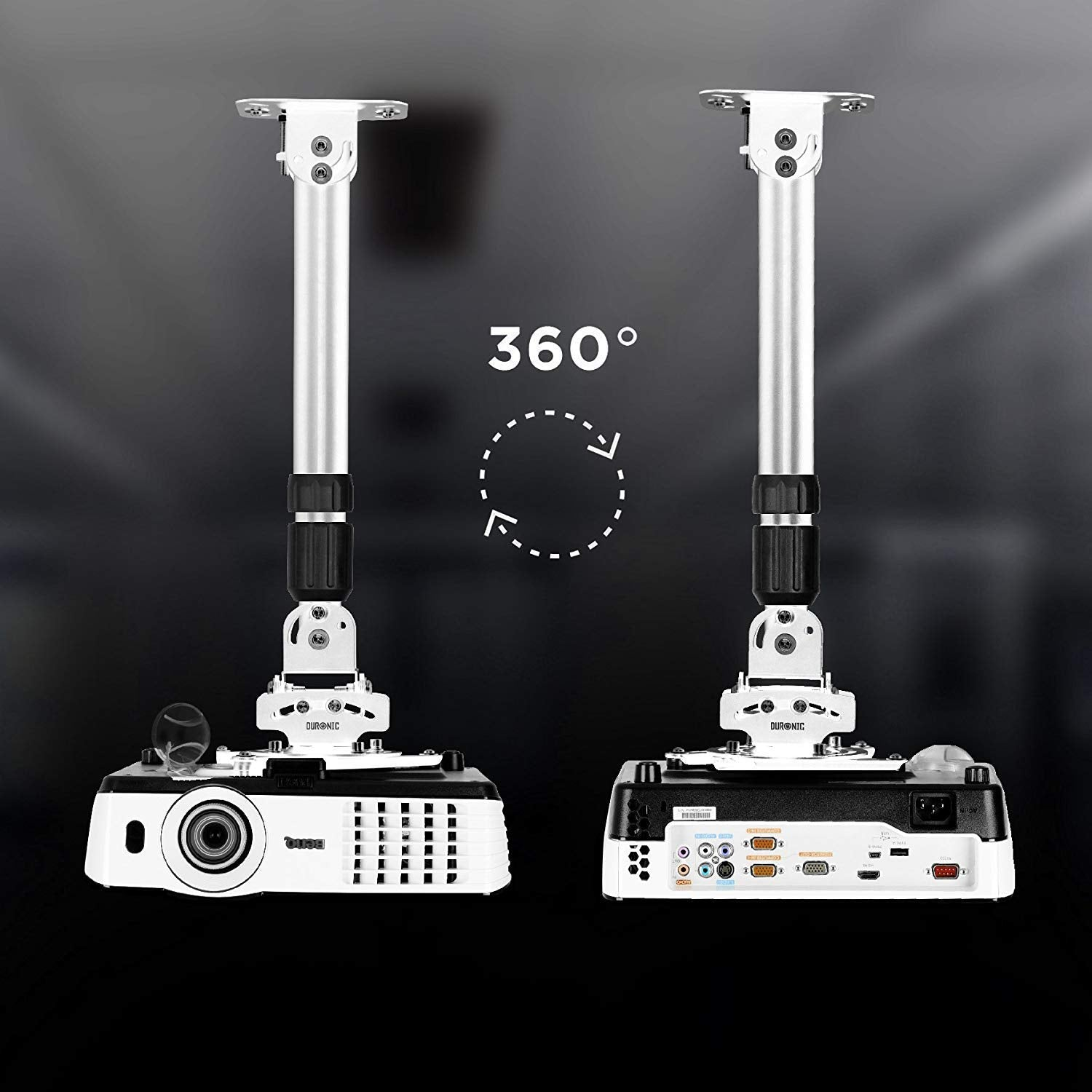Dos soportes de proyector, uno con un proyector. Rotación de 360° marcada en la imagen.