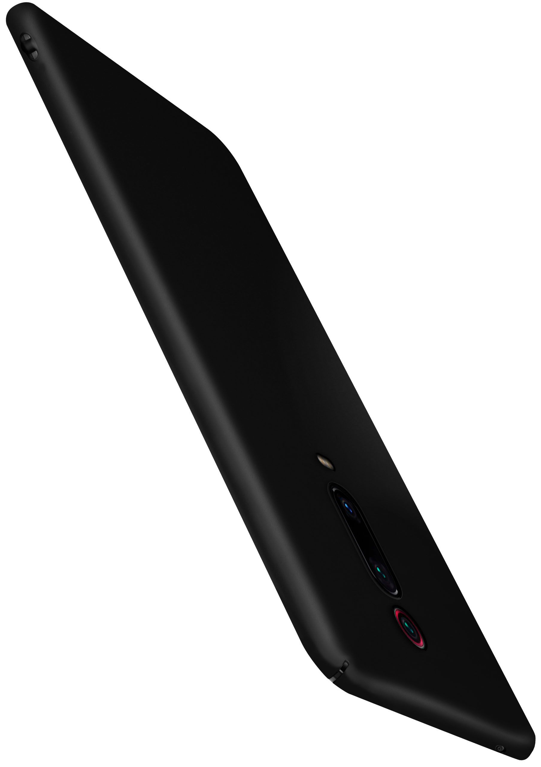 Schwarzes Telefon, leicht angewinkelt, auf weißem Hintergrund. Es hat eine Kamera und eine rote Linse.