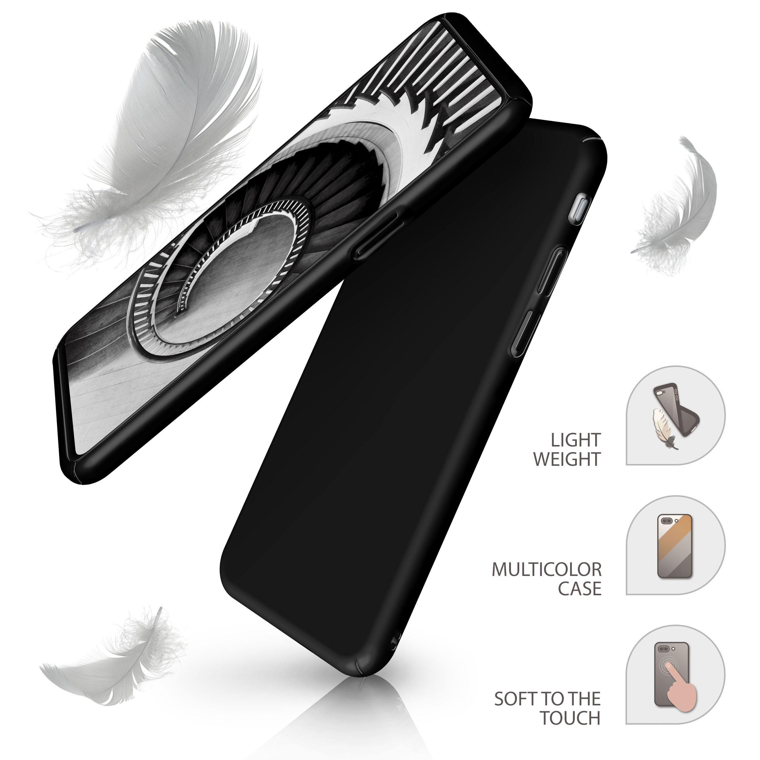 Schwarz-Weiß-Hülle mit Wendeltreppen-Aufdruck und herumfallenden Federn.