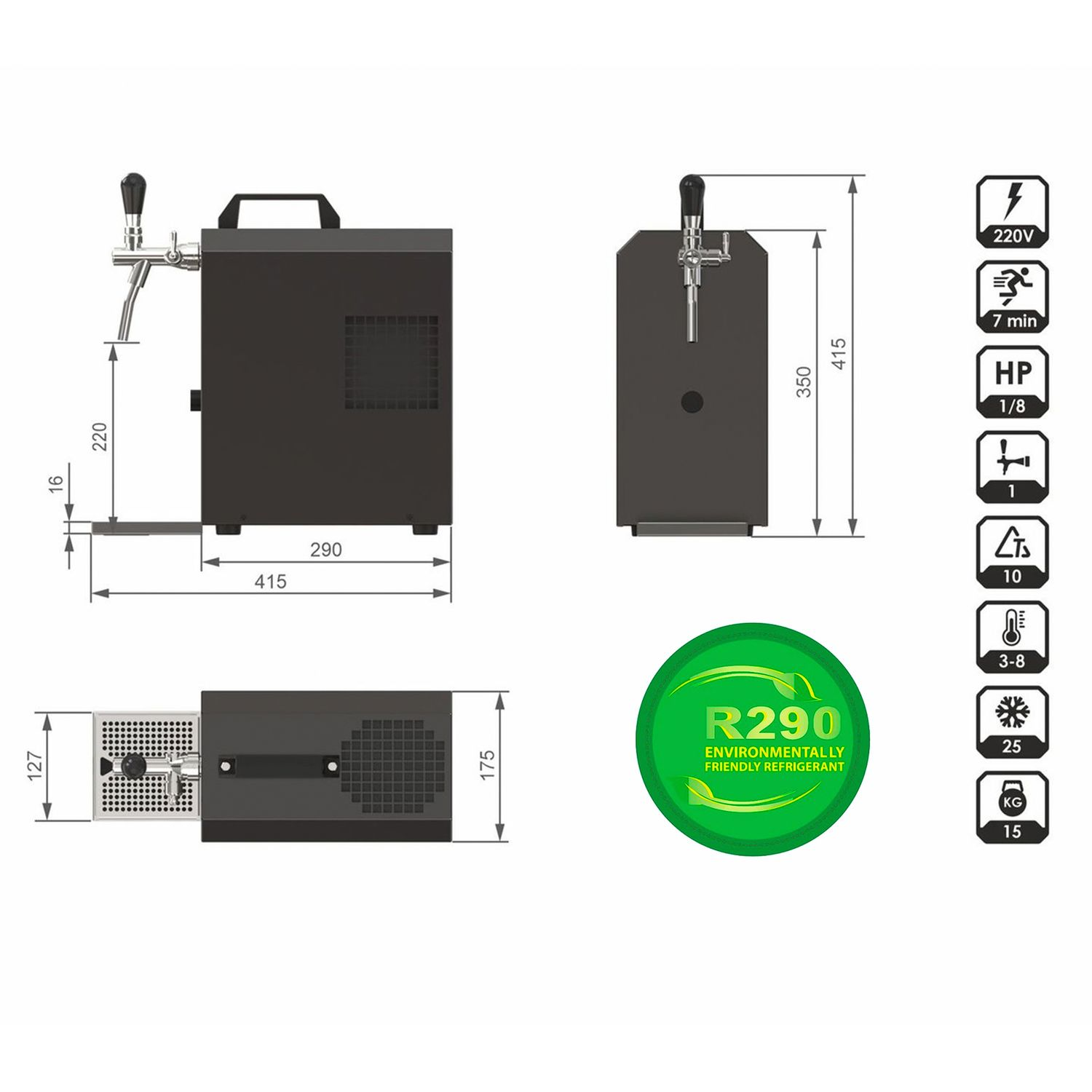 Black beer tap machine with measurements and an R290 logo.
