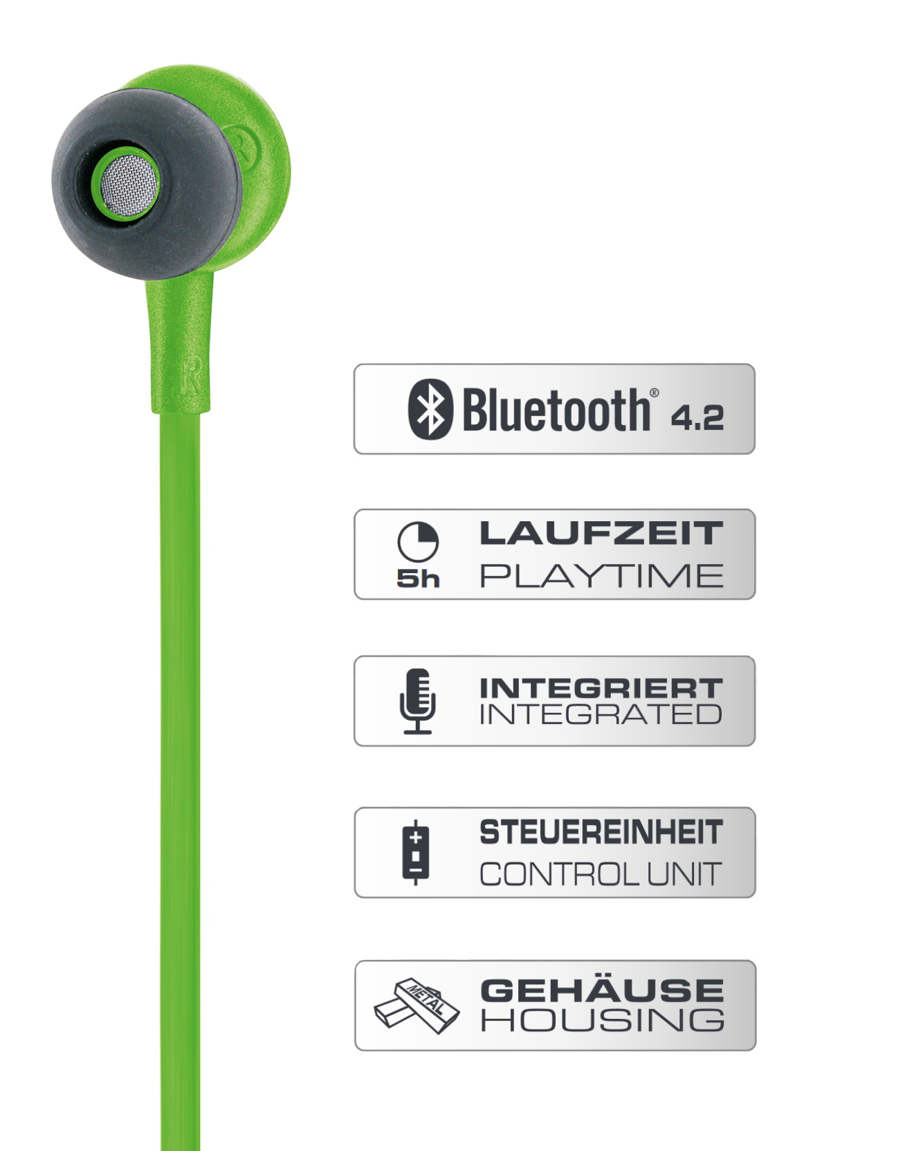 Grüne und graue Ohrhörer mit Textetiketten auf weißem Hintergrund. Bluetooth, 5h Spielzeit, integriertes Mikrofon.