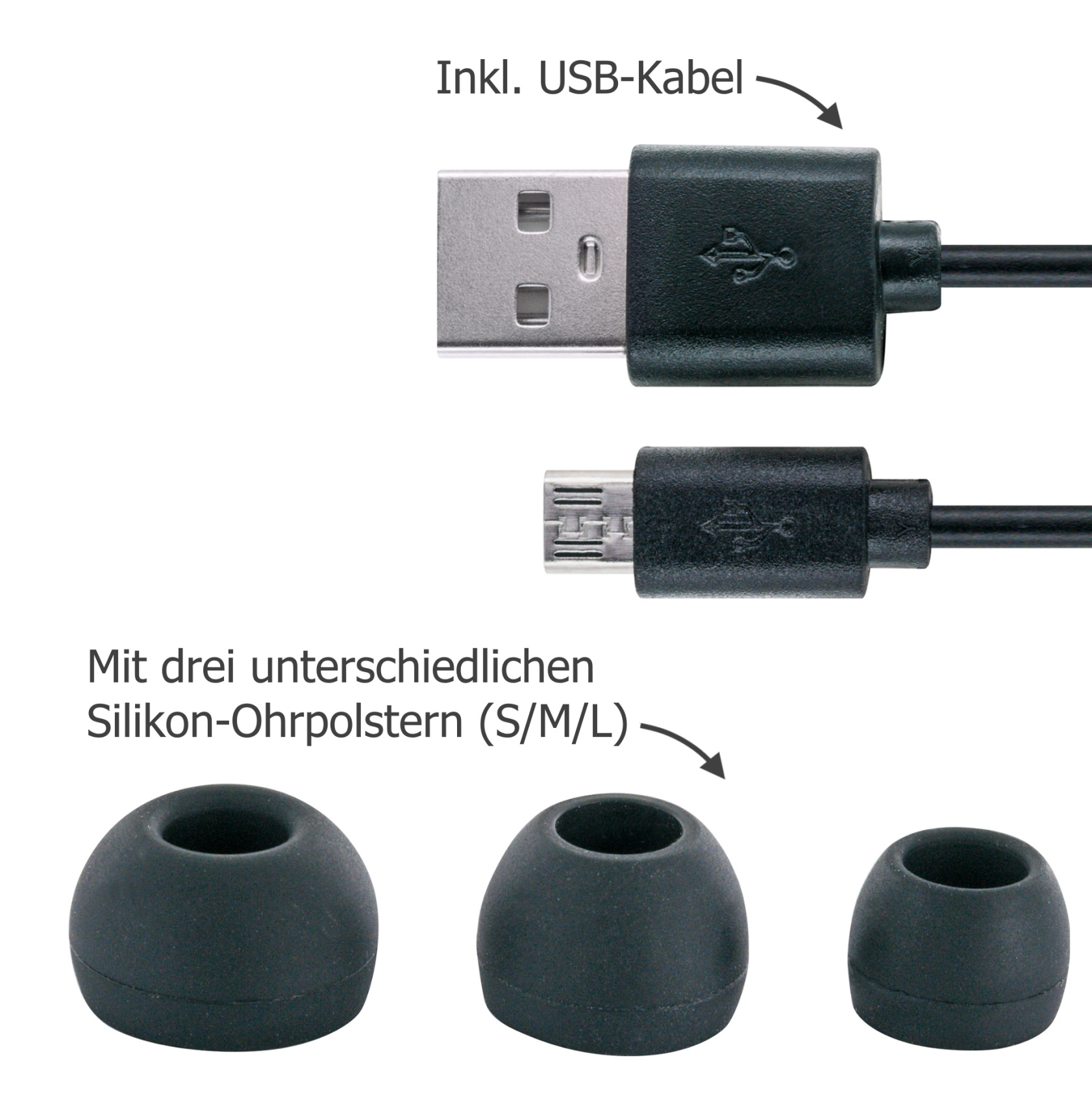 USB-Kabel mit drei schwarzen Ohrstöpseln in verschiedenen Größen für Kopfhörer.