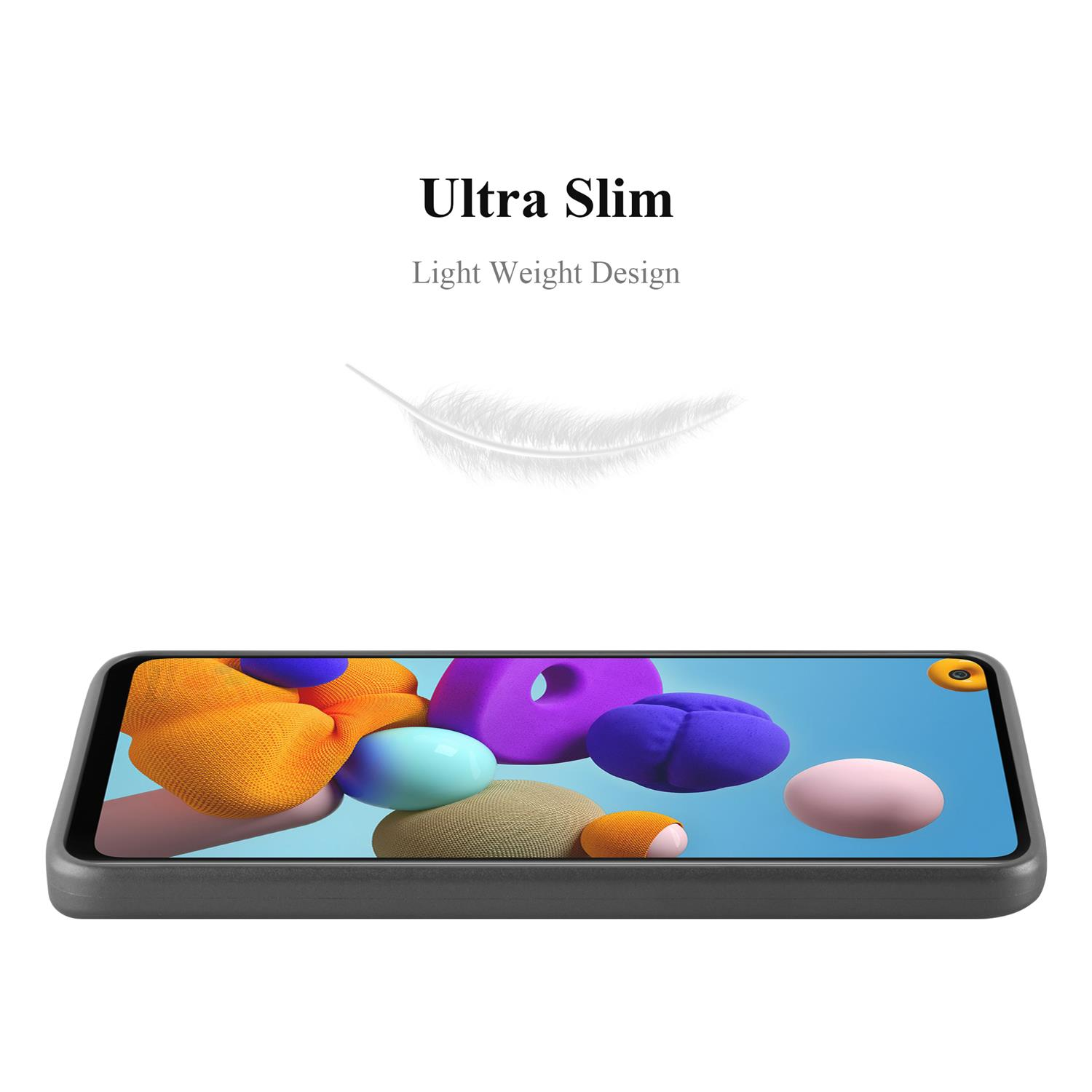 Ein Telefon auf einer Oberfläche mit bunten Formen, die darüber schweben. Text: 'Ultra Slim' und 'Light Weight Design'.