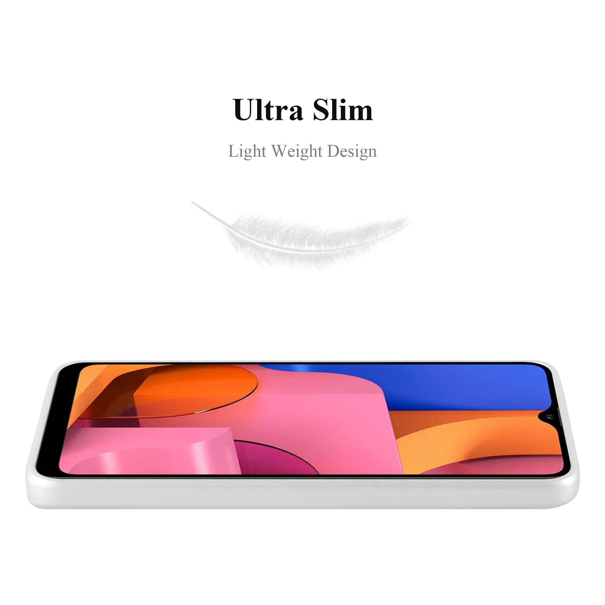 Eine weiße Handyhülle mit Telefon, mit abstraktem rosa und orangefarbenem Bild.