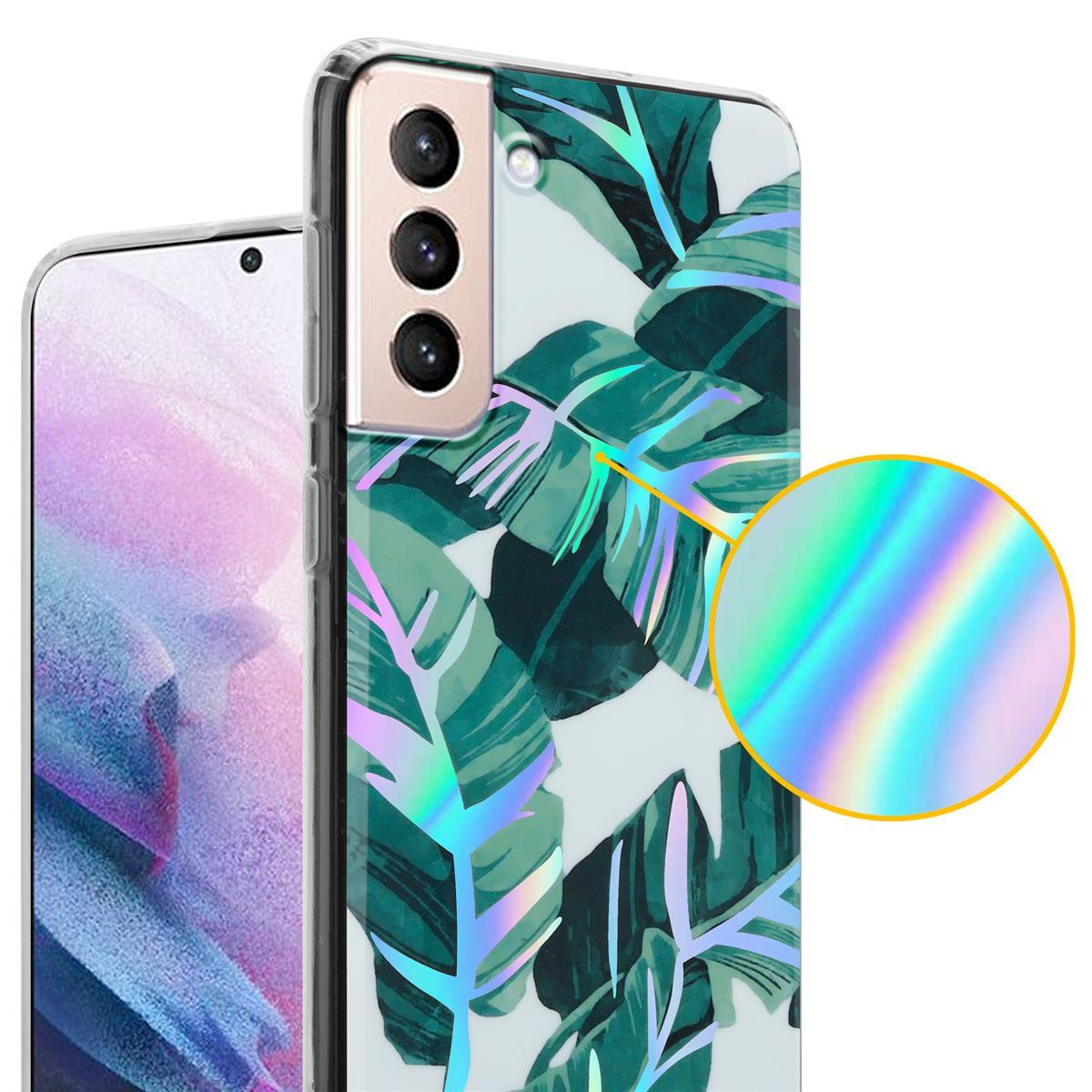 Custodia per telefono con design a foglie verdi, telefono e dettaglio iridescente ingrandito.