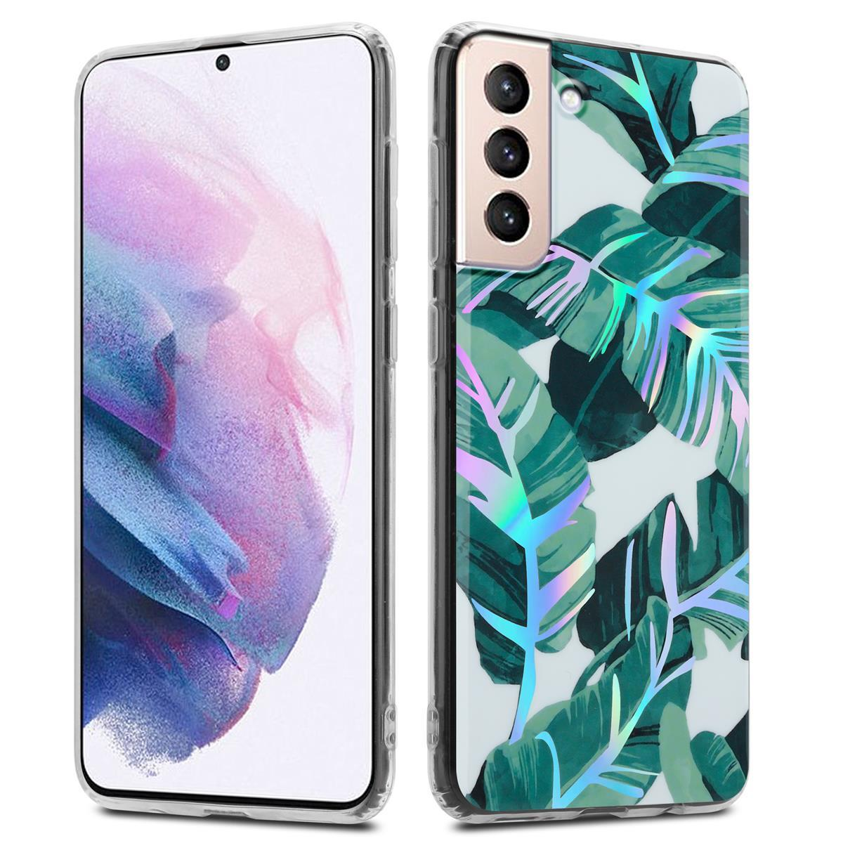 Telefono con custodia a motivo di foglie verdi accanto. Lo schermo mostra un'immagine colorata.