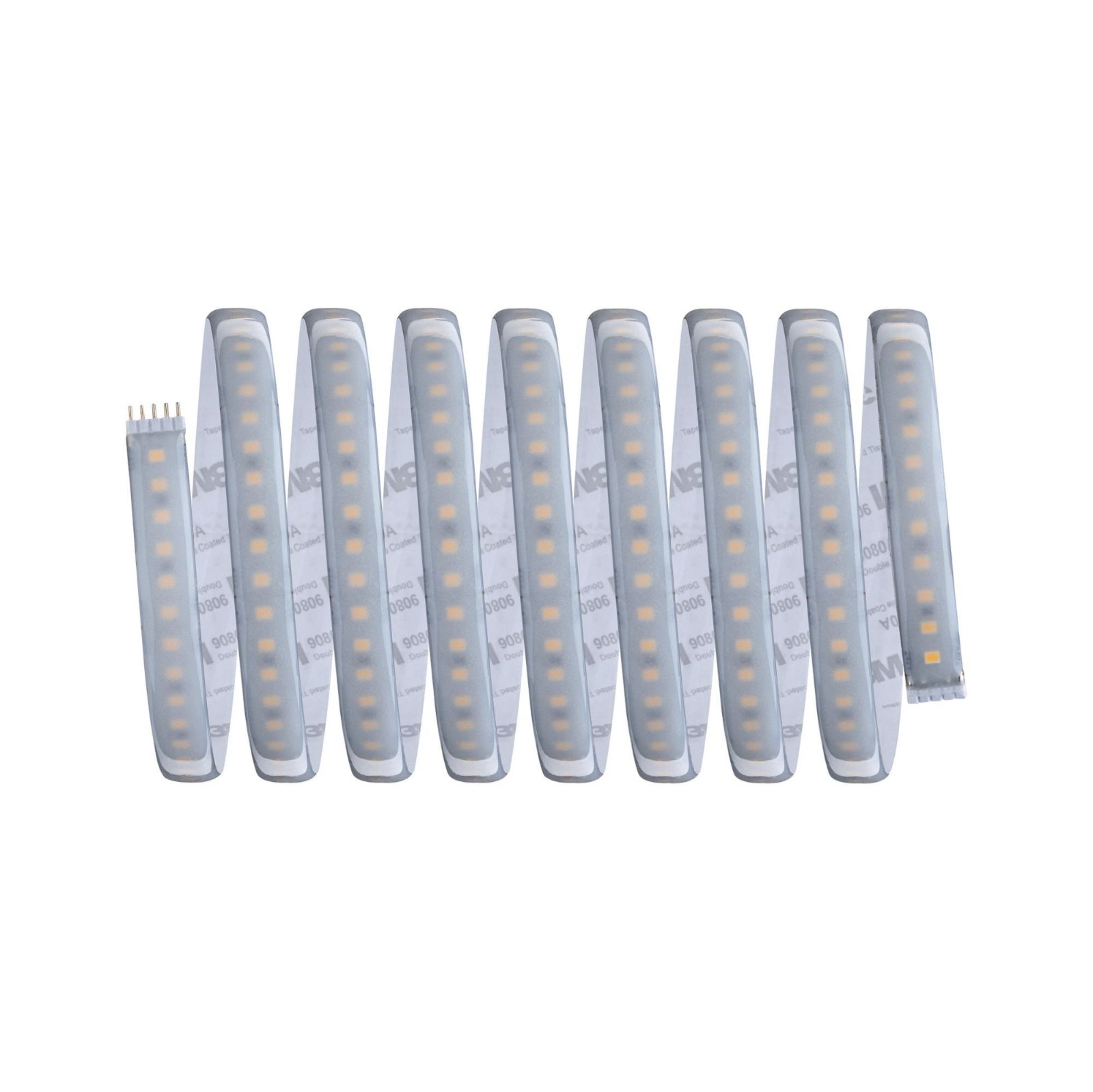 LED-Lichtband, aufgerollt und flach. Hat weiße Rückseite und die Lichter sind gelb.