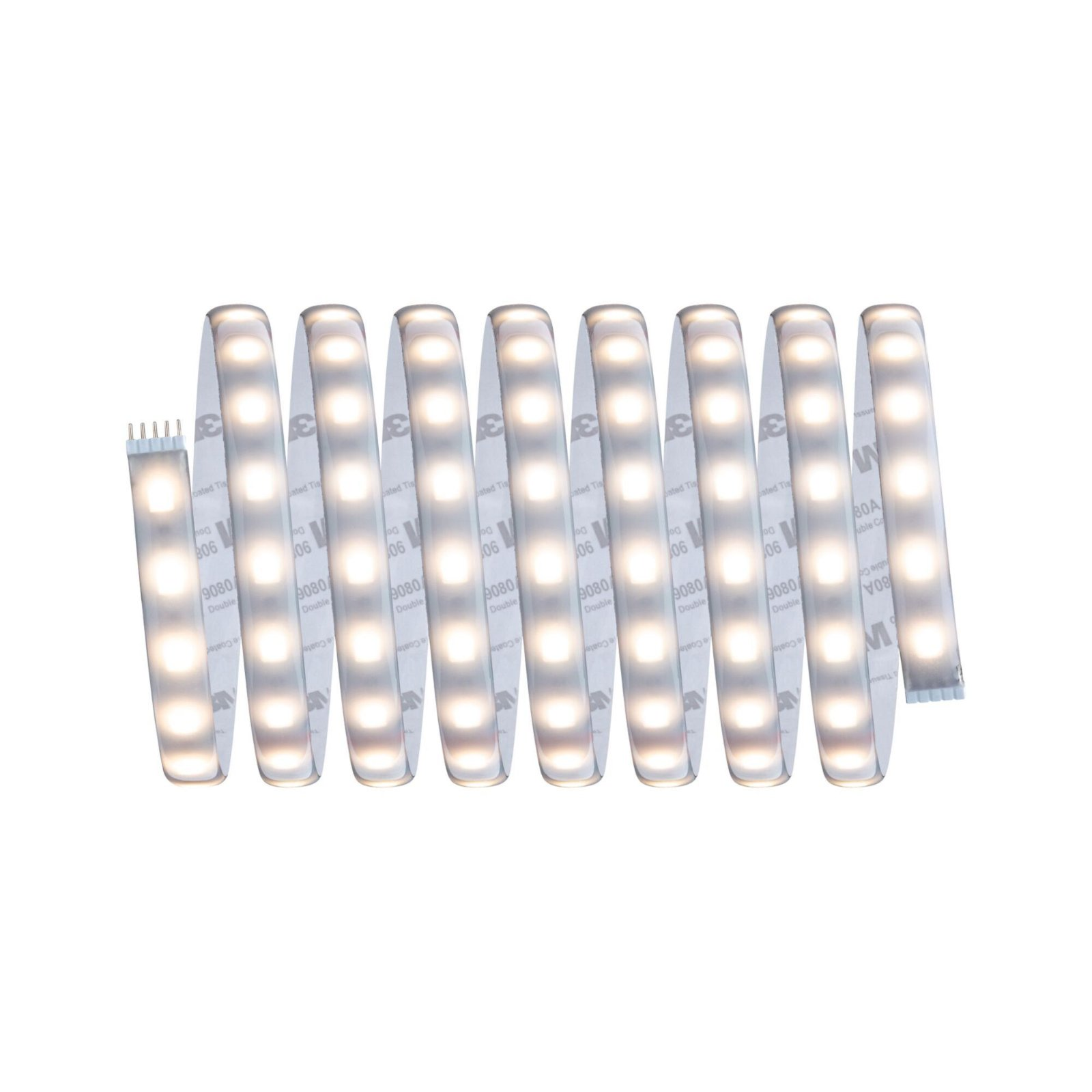 Eine aufgerollte LED-Leiste mit gleichmäßig verteilten weißen Lichtern, auf weißem Hintergrund.