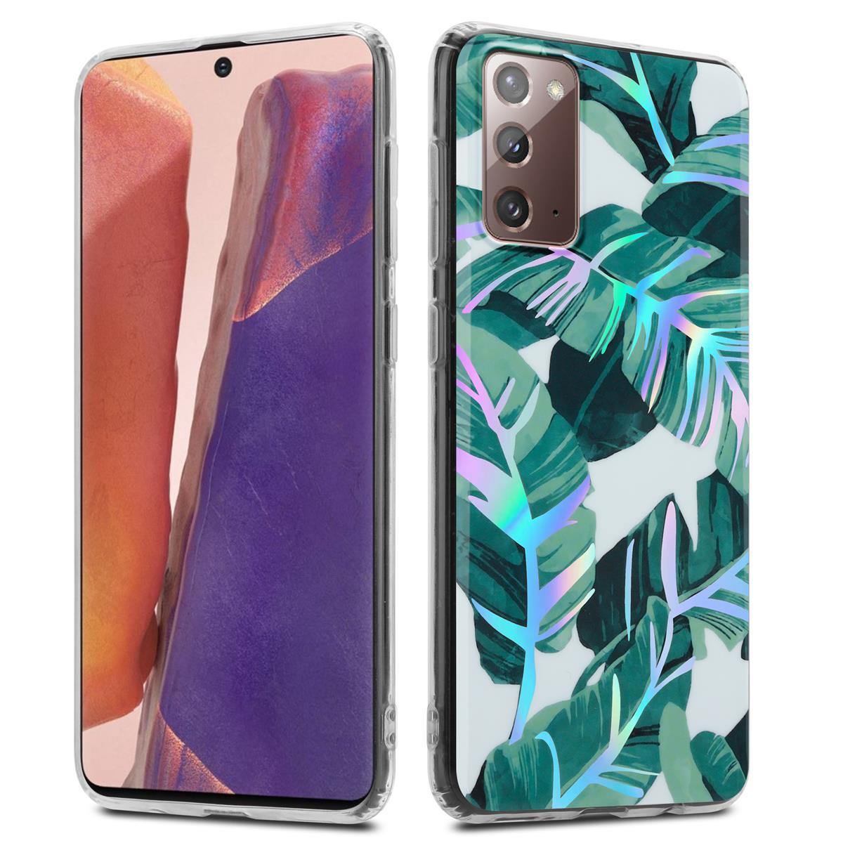 Telefono con custodia. La custodia ha un design floreale con foglie verdi. Sfondo bianco.
