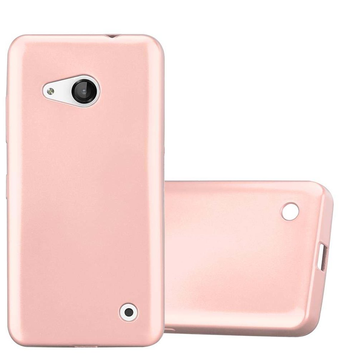 Dos fundas de teléfono rosa claro. Una frente a la cámara, otra detrás.