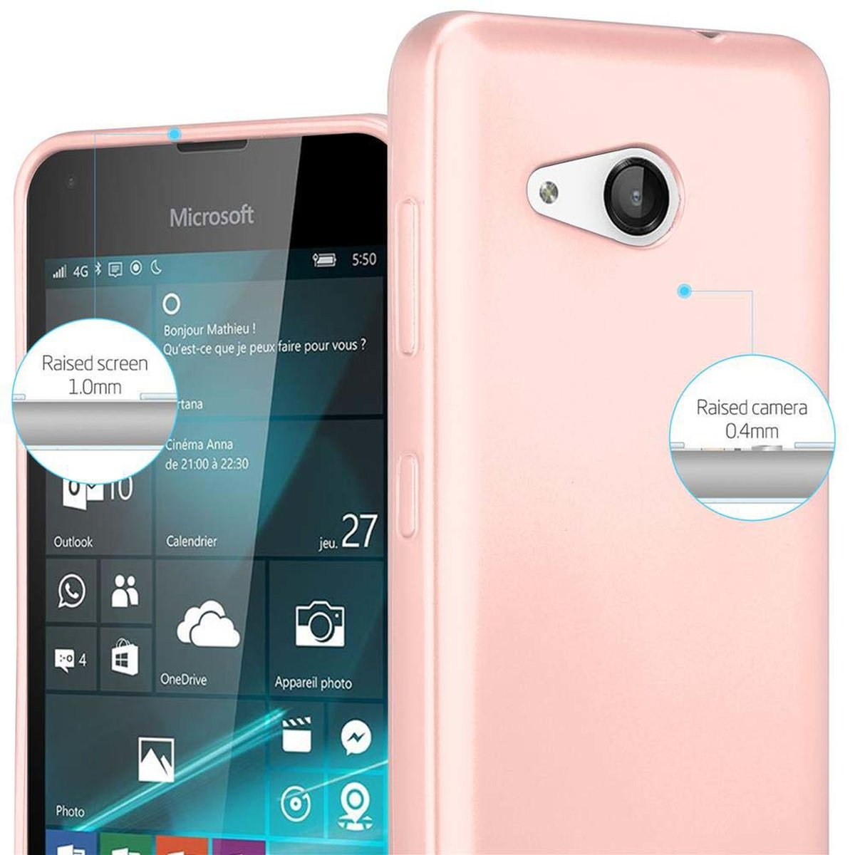 Funda rosa para teléfono con un teléfono Microsoft. La pantalla muestra un menú. Detalles muestran pantalla y cámara elevadas.