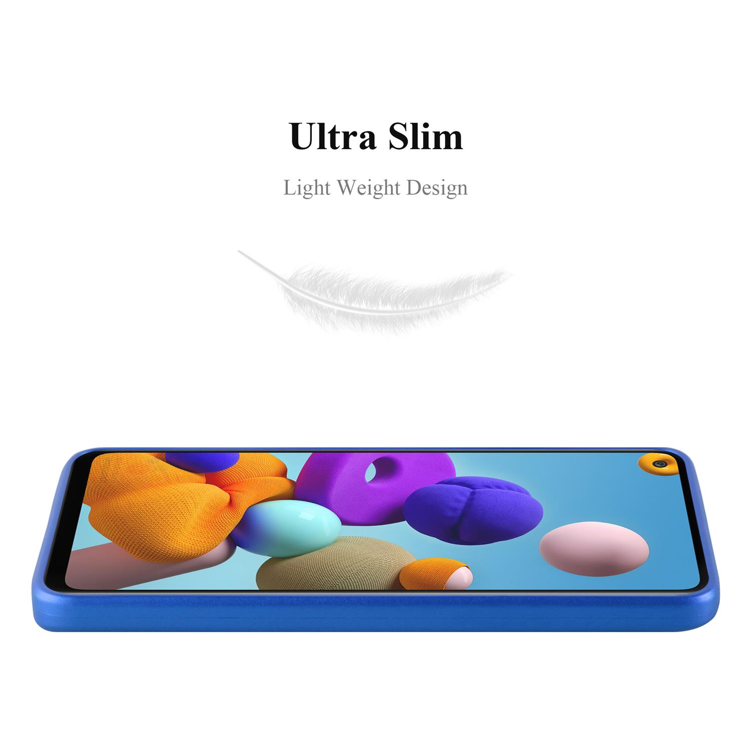 Custodia per telefono blu con forme astratte colorate sullo schermo. Il testo dice 'Ultra Slim, Light Weight Design'.