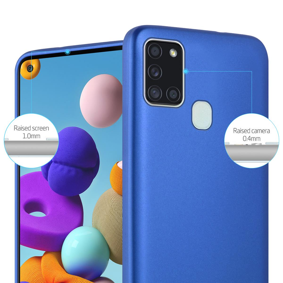 Custodia blu per telefono con telefono. Schermo e fotocamera rialzati.