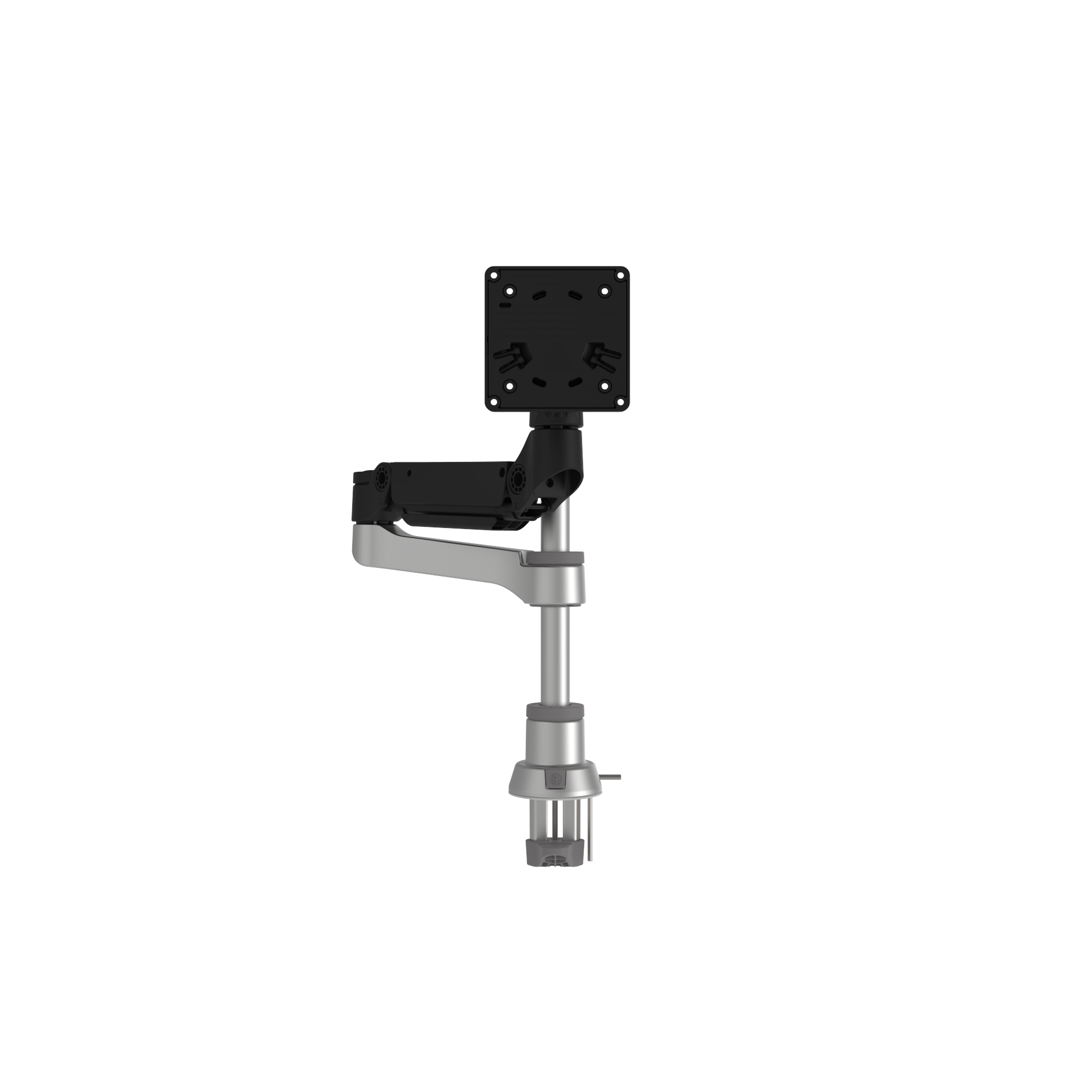 Een monitorarmstandaard met een klemvoet, zilveren arm en zwarte monitorplaat.