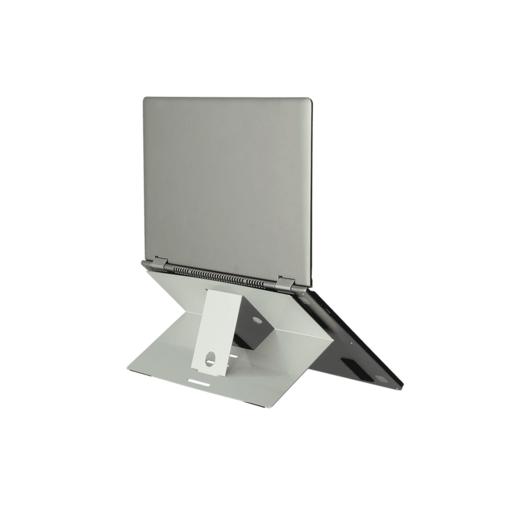 Laptop on a silver stand, angled. Green background.