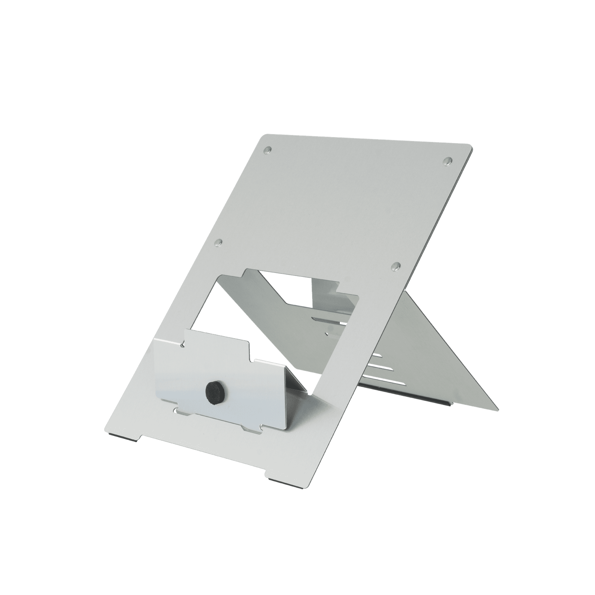 Biała podstawka pod laptopa z wycięciem pośrodku, na czarnym tle.