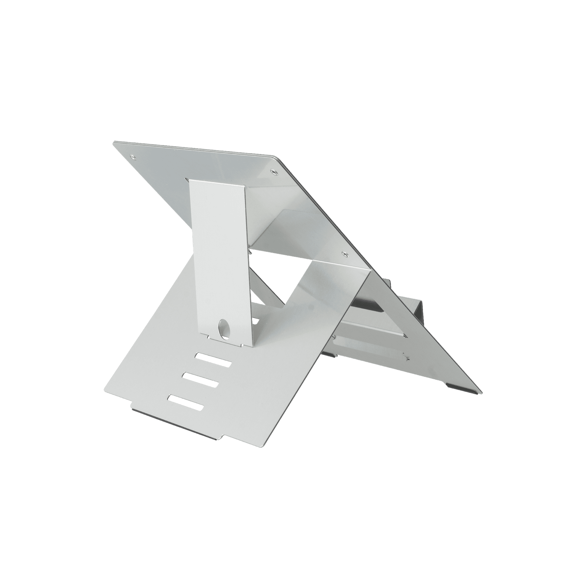 Srebrny stojak na laptopa, ustawiony pod kątem i w otwartej pozycji.