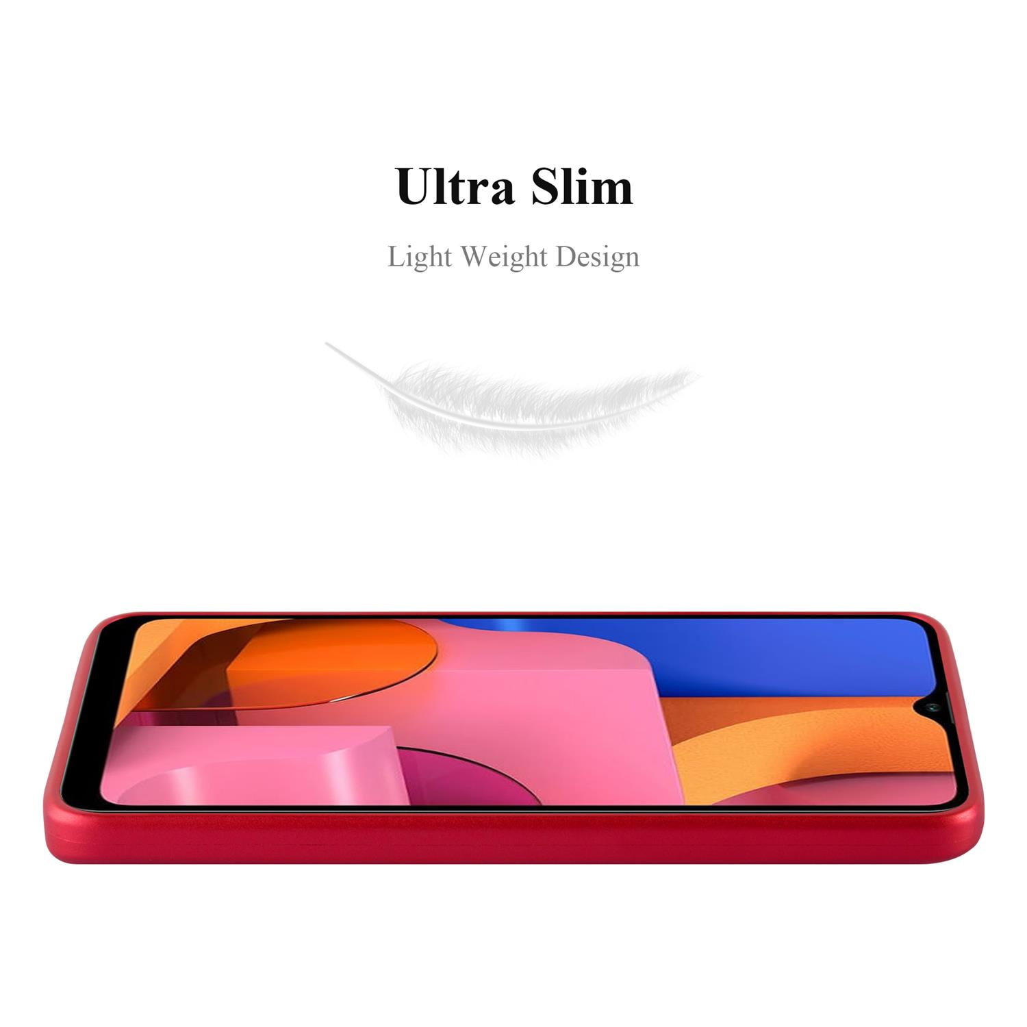 Eine rote Handyhülle mit einem Telefon darin. Text lautet: Ultra Slim, Light Weight Design.