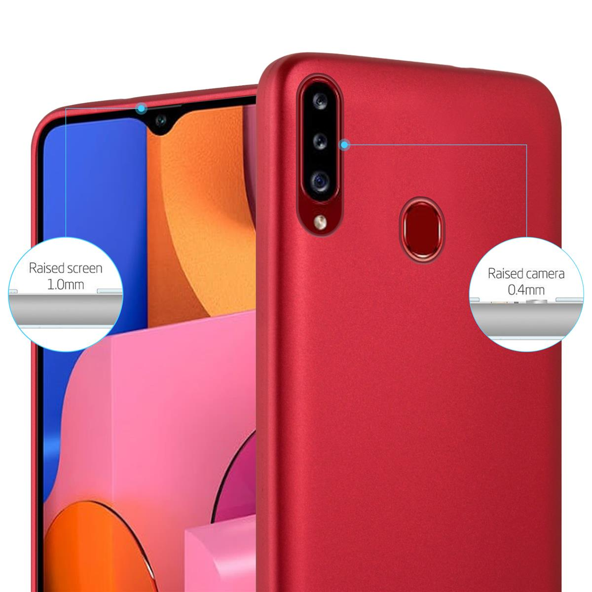 Eine Handyhülle auf einem roten Telefon. Der Text "Raised screen" und "Raised camera" ist sichtbar.