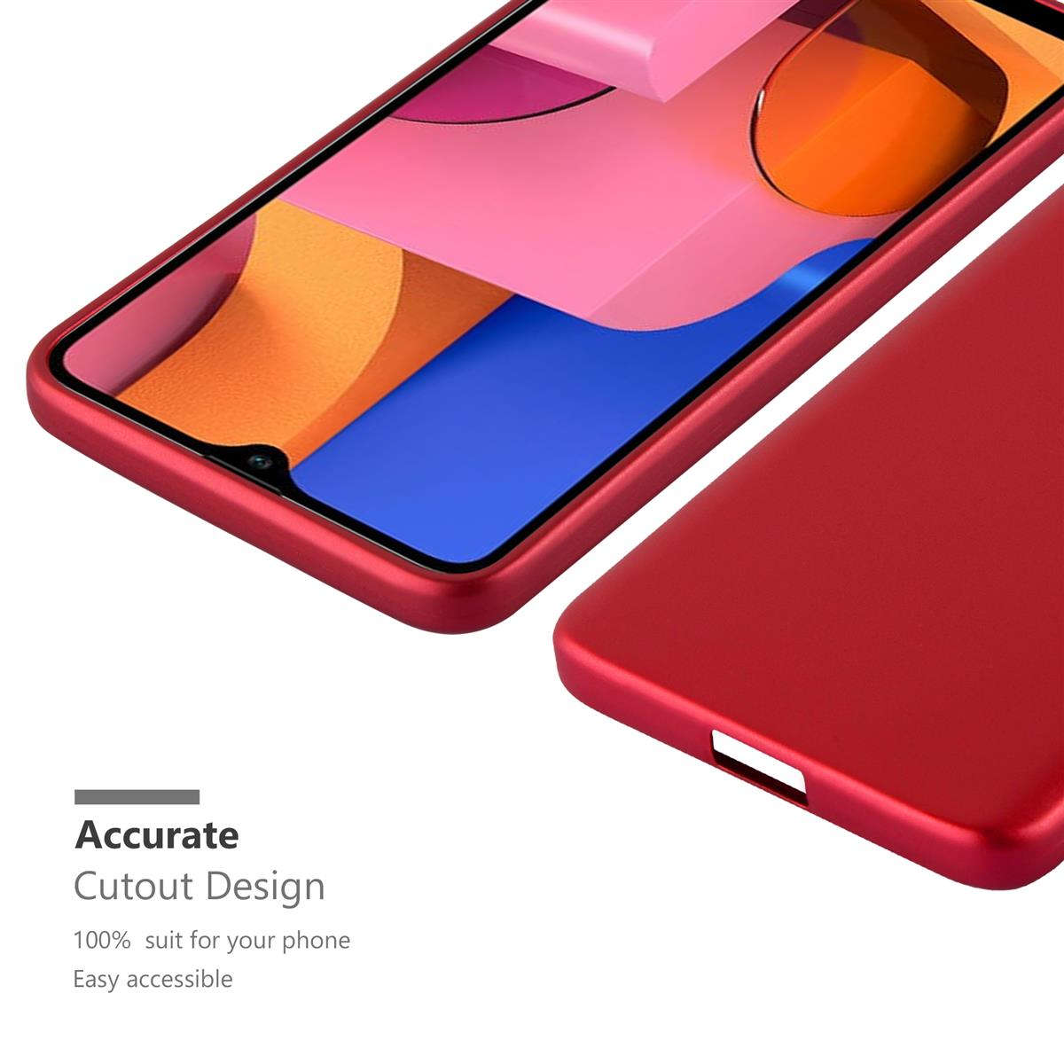 Eine rote Telefonhülle mit Ausschnitt-Design. Sie liegt auf einer weißen Oberfläche.