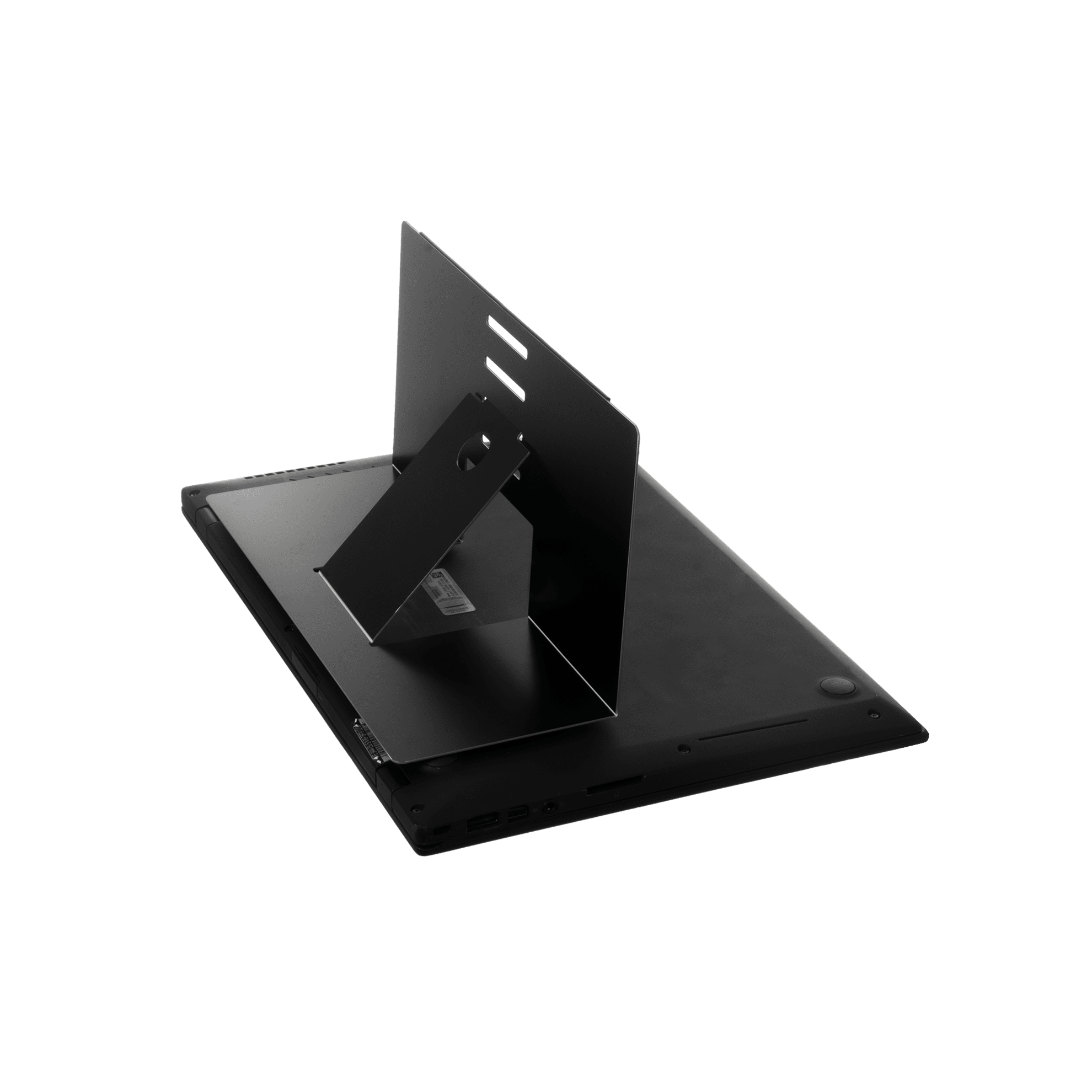 Schwarzer Laptop mit schwarzem Ständer.