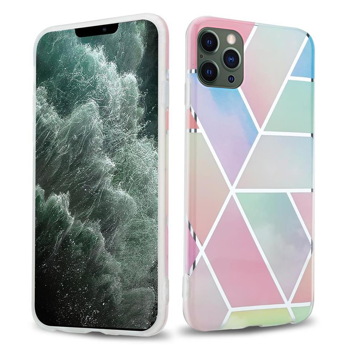 Zwei Handyhüllen, eine mit farbenfrohem geometrischem Design, die andere weiß, auf weiß.
