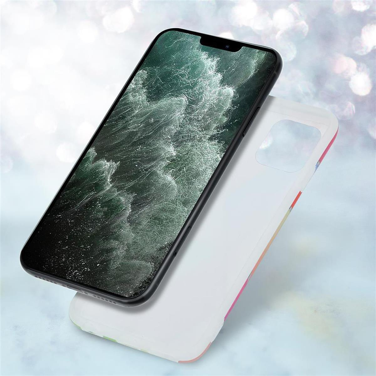 Schwarzes Telefon mit Wasserhintergrund und weißer Hülle. Die Hülle hat ein regenbogenfarbenes Design.