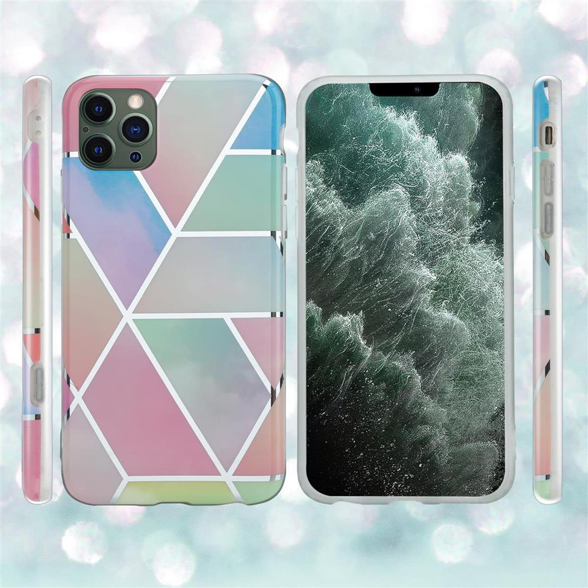 Eine Handyhülle mit farbenfrohem geometrischem Muster und ein Smartphone auf der rechten Seite.