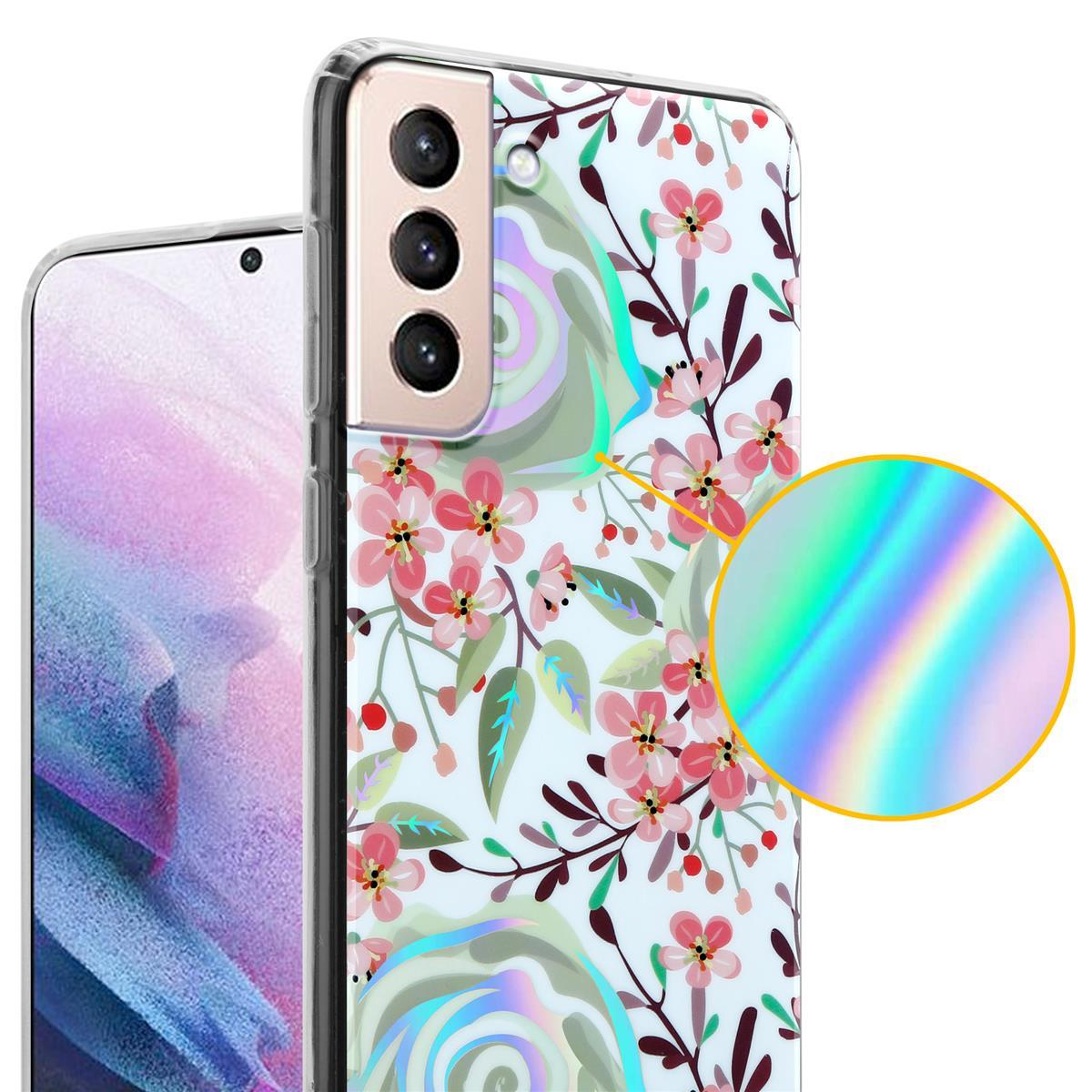 Primo piano di una custodia per telefono con un design floreale. C'è un riflesso arcobaleno su di essa.