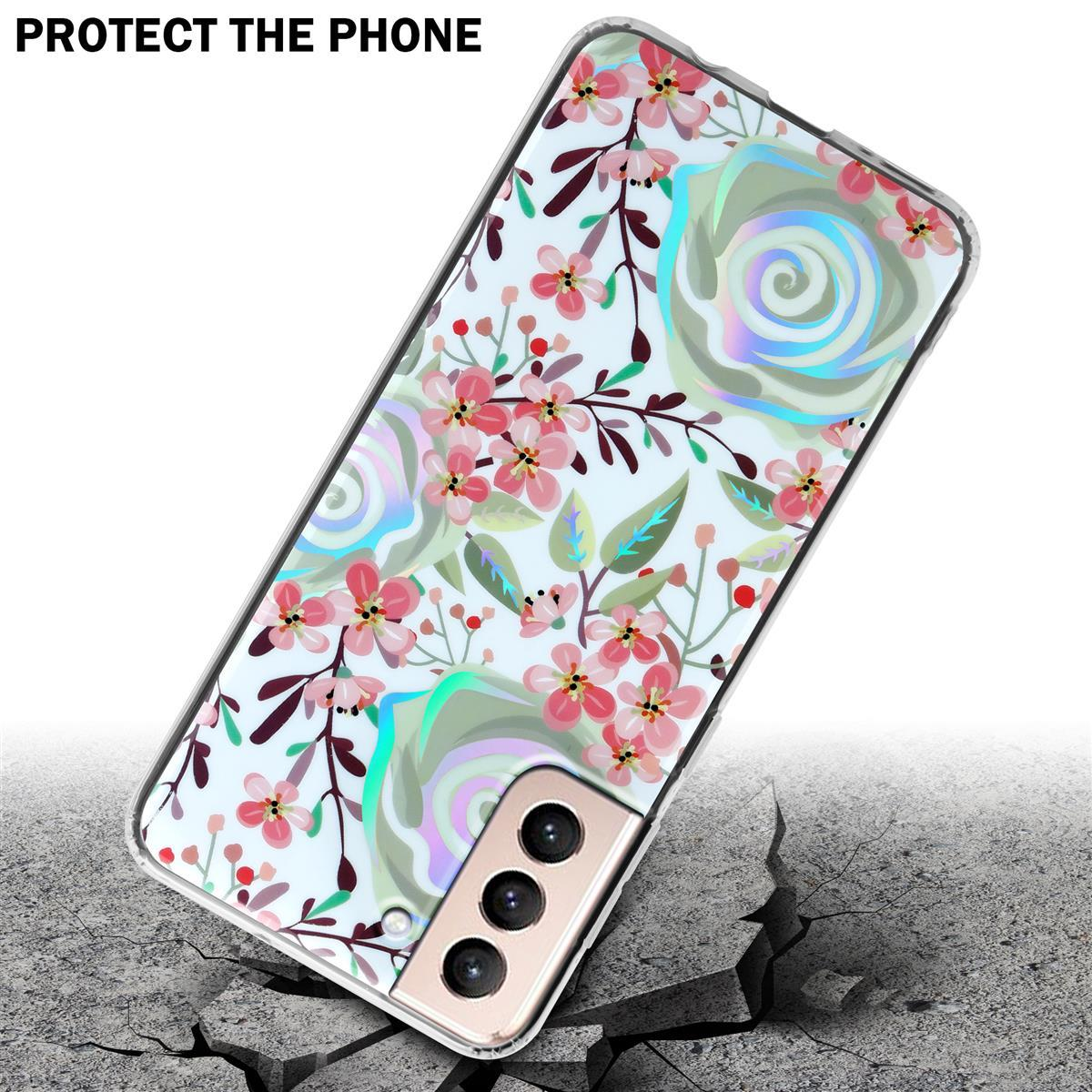 Custodia per telefono con design floreale rosa. Il telefono è rotto su un pavimento di cemento.